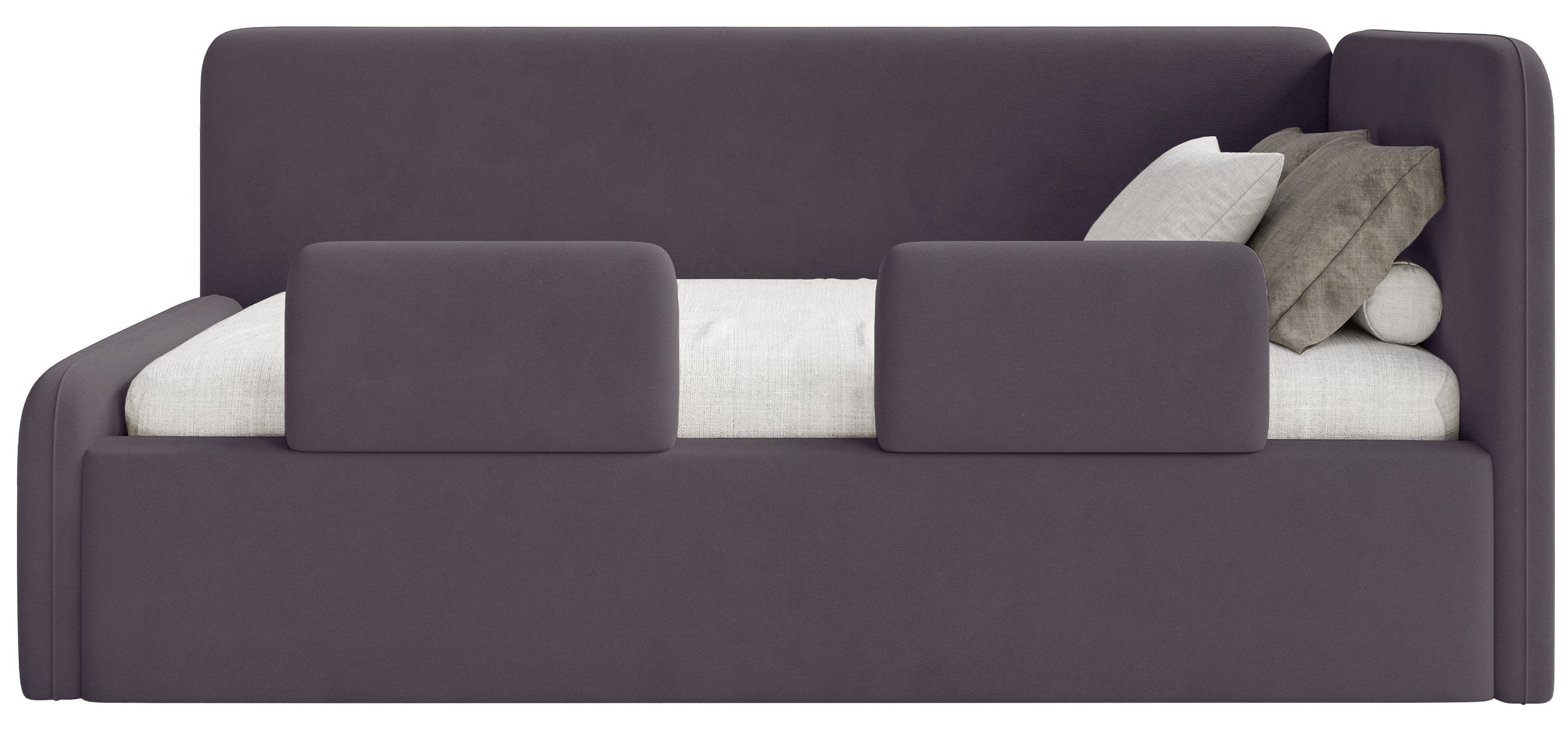 Jugendbett 120x200 cm Fanklo rechtsseitig mit Stauraum und Geländern, violetter Velours, wasserabweisend und leicht zu reinigen