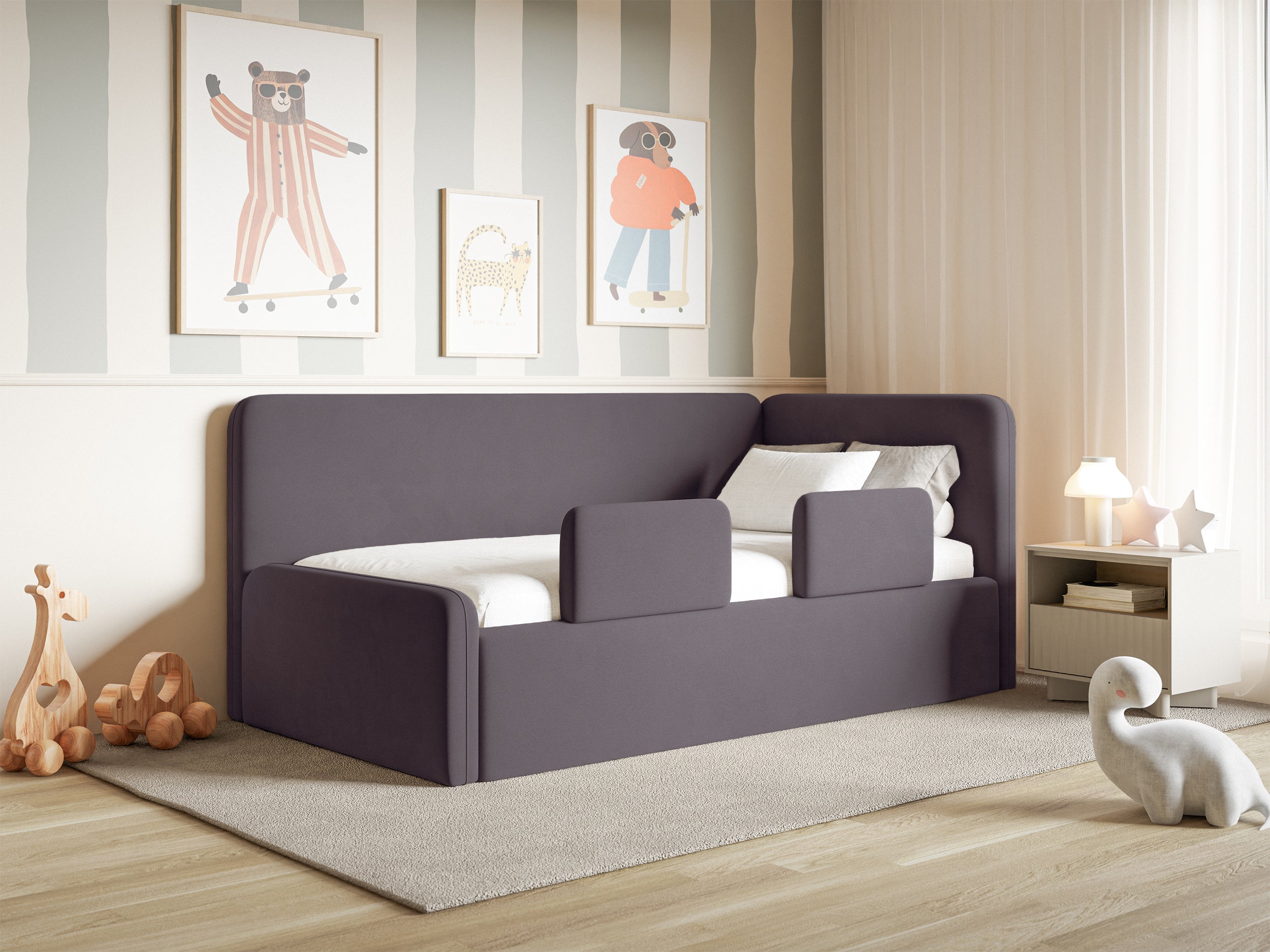 Jugendbett 120x200 cm Fanklo rechtsseitig mit Stauraum und Geländern, violetter Velours, wasserabweisend und leicht zu reinigen