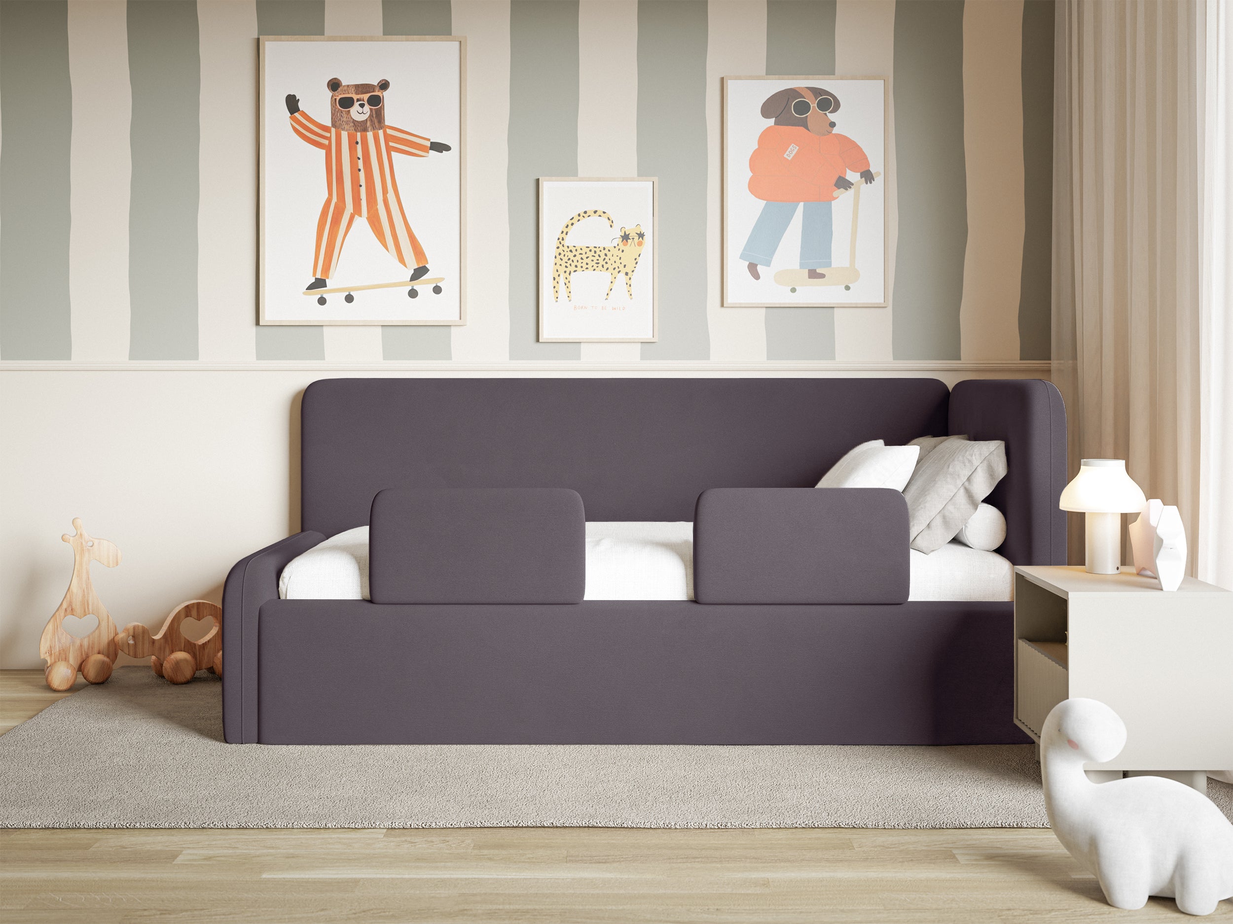 Jugendbett 120x200 cm Fanklo rechtsseitig mit Stauraum und Geländern, violetter Velours, wasserabweisend und leicht zu reinigen