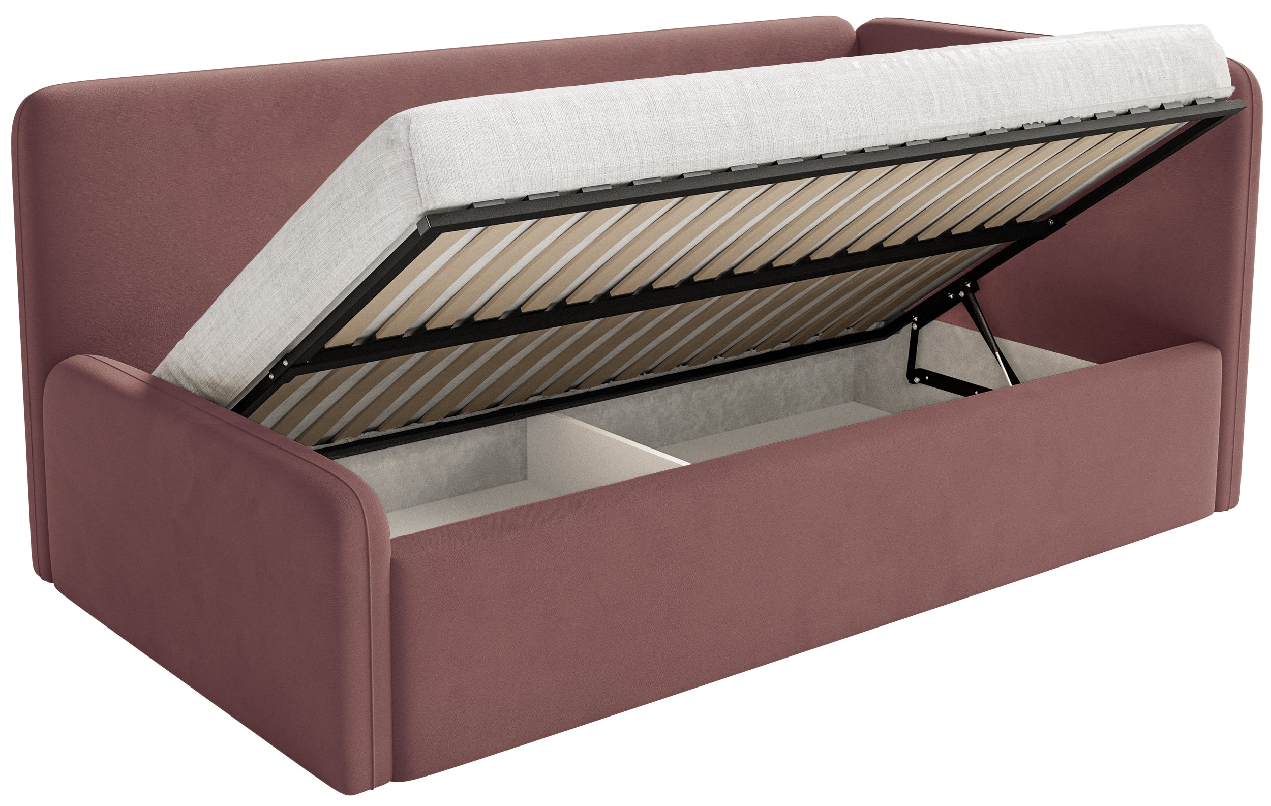Jugendbett 120x200 cm Fanklo rechtsseitig mit Matratze, Stauraum und Geländern, rosa Velours, wasserabweisend und leicht zu reinigen