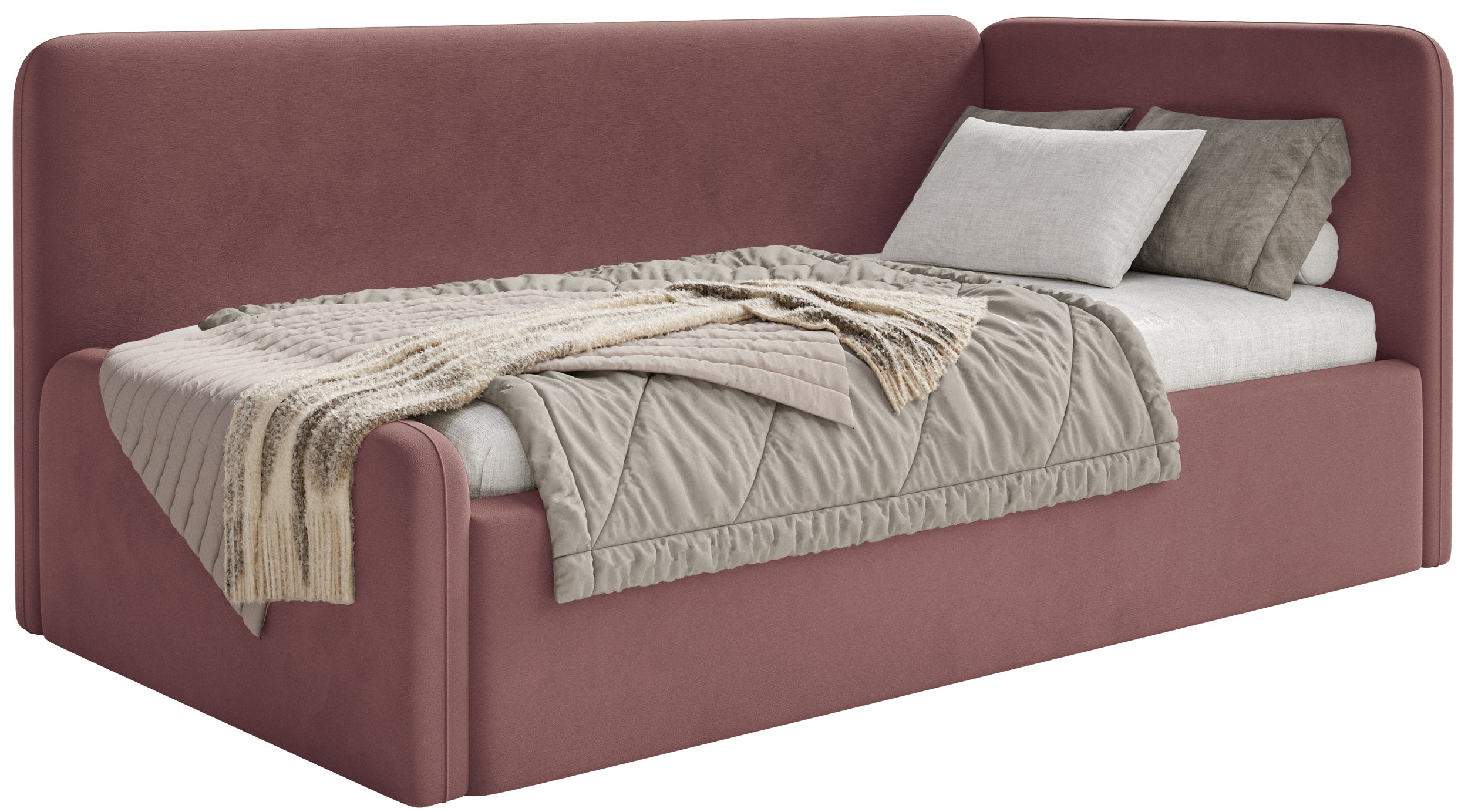 Jugendbett 120x200 cm Fanklo rechtsseitig mit Aufbewahrungsbox, rosa Velours, wasserabweisend und pflegeleicht