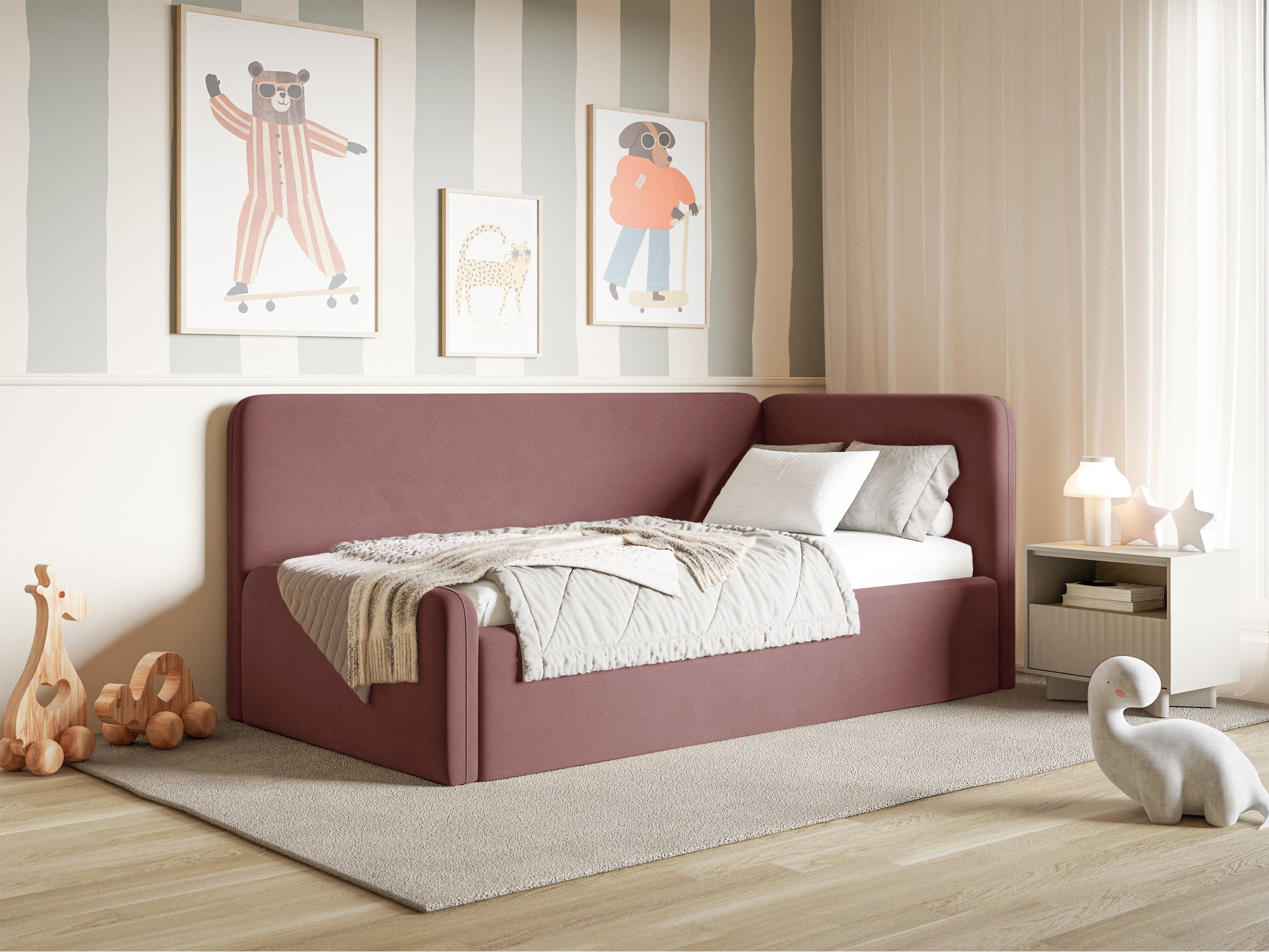 Jugendbett 120x200 cm Fanklo rechtsseitig mit Aufbewahrungsbox, rosa Velours, wasserabweisend und pflegeleicht