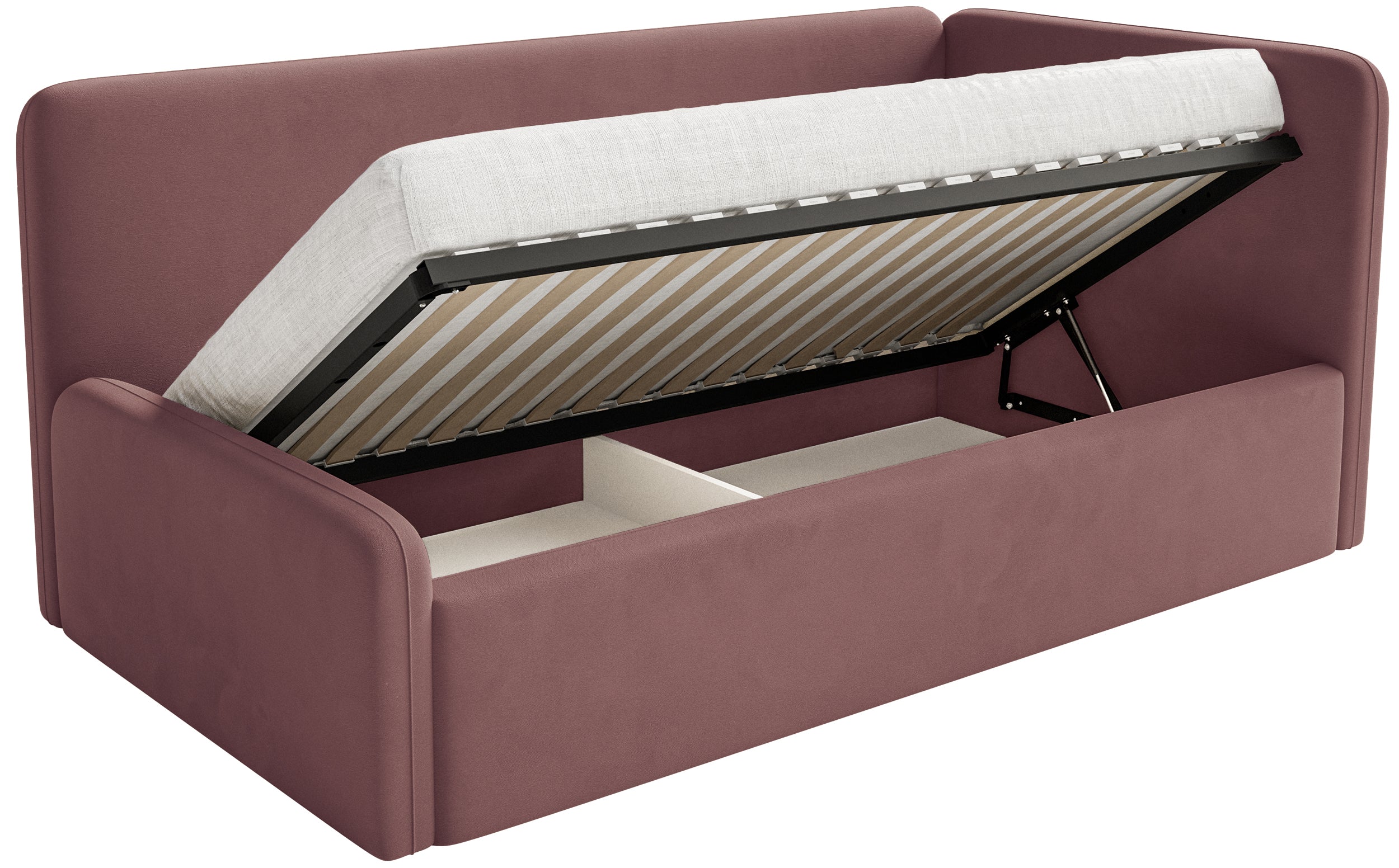 Jugendbett 90x200 cm Fanklo rechtsseitig mit Stauraum und Geländern, rosa Velours, wasserabweisend und pflegeleicht
