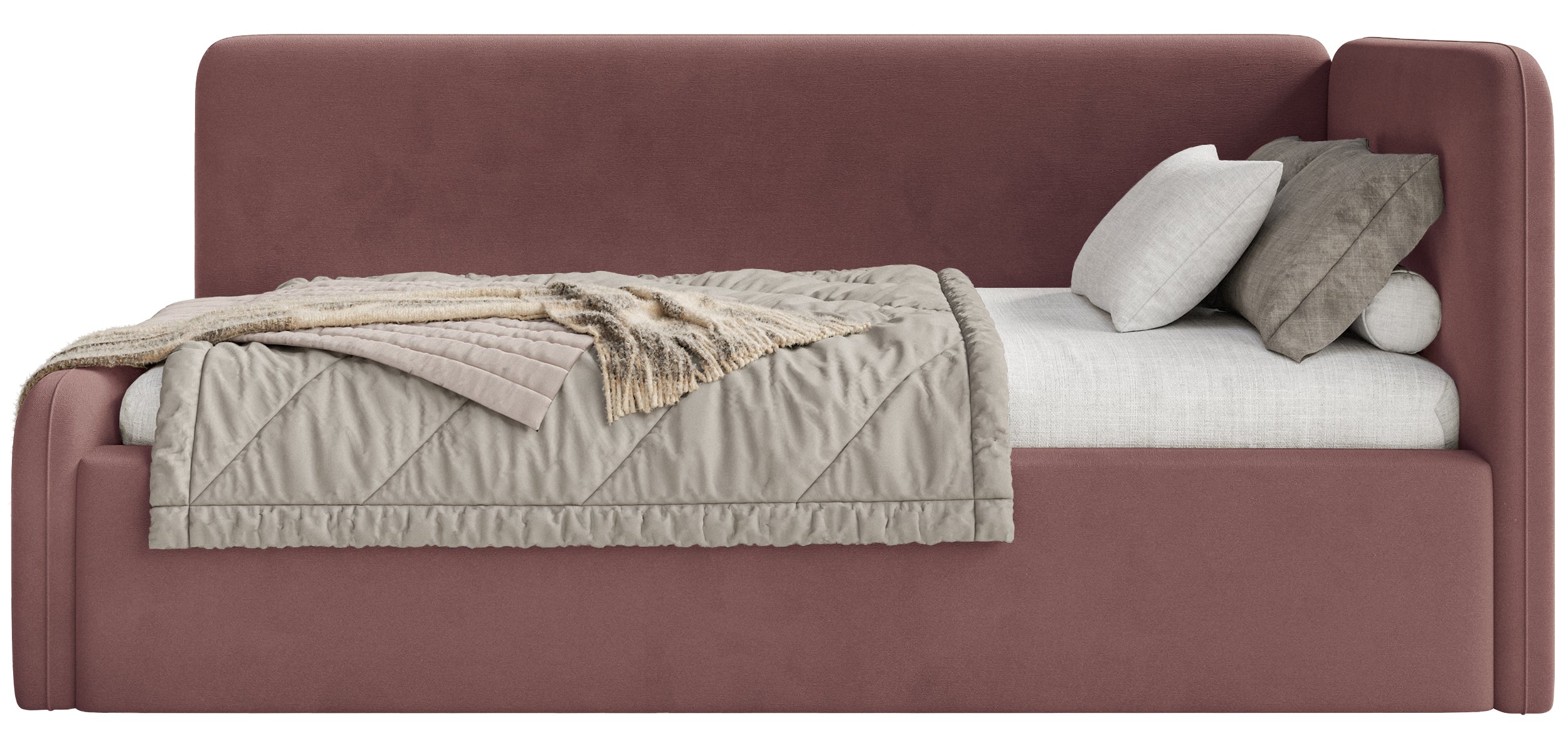 Jugendbett 90x200 cm Fanklo rechtsseitig mit Stauraum und Geländern, rosa Velours, wasserabweisend und pflegeleicht
