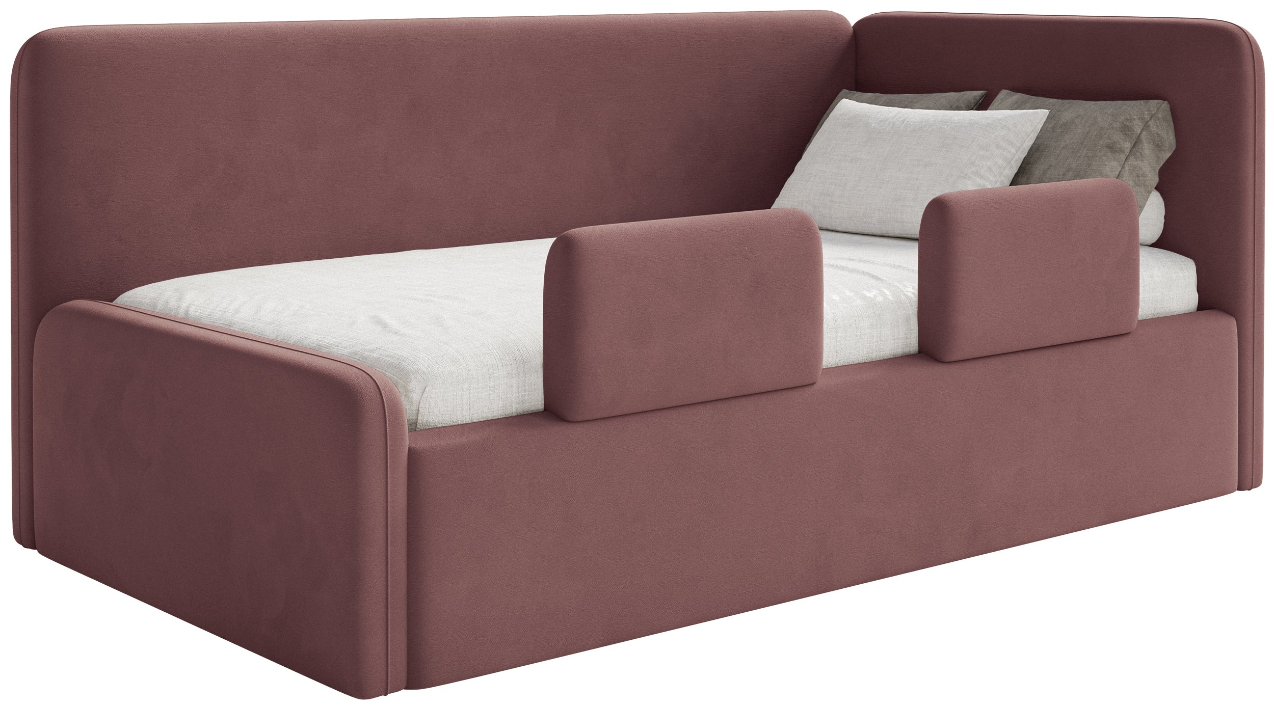 Jugendbett 120x200 cm Fanklo rechtsseitig mit Stauraum und Geländern, rosa Velours, wasserabweisend und leicht zu reinigen