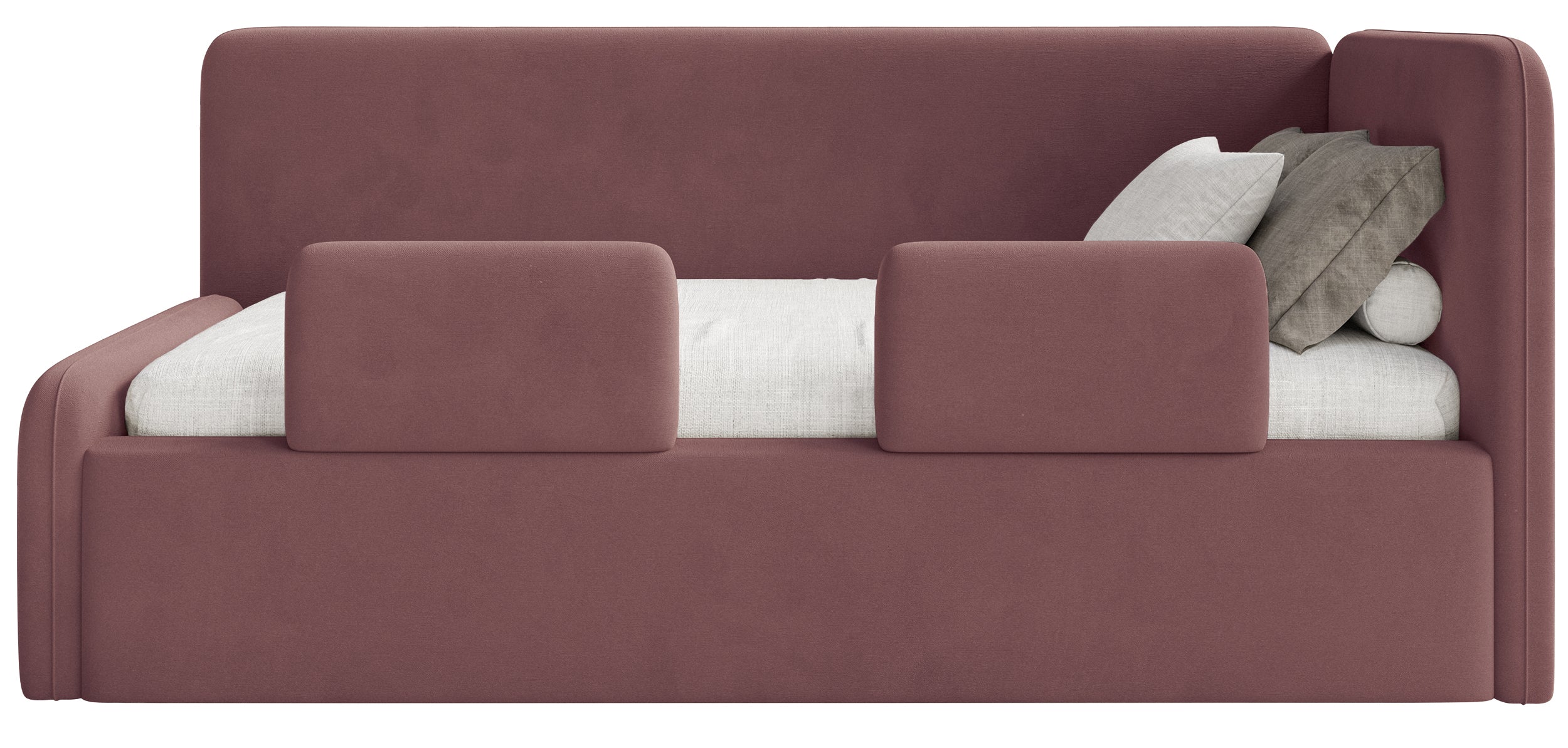 Jugendbett 120x200 cm Fanklo rechtsseitig mit Matratze, Stauraum und Geländern, rosa Velours, wasserabweisend und leicht zu reinigen