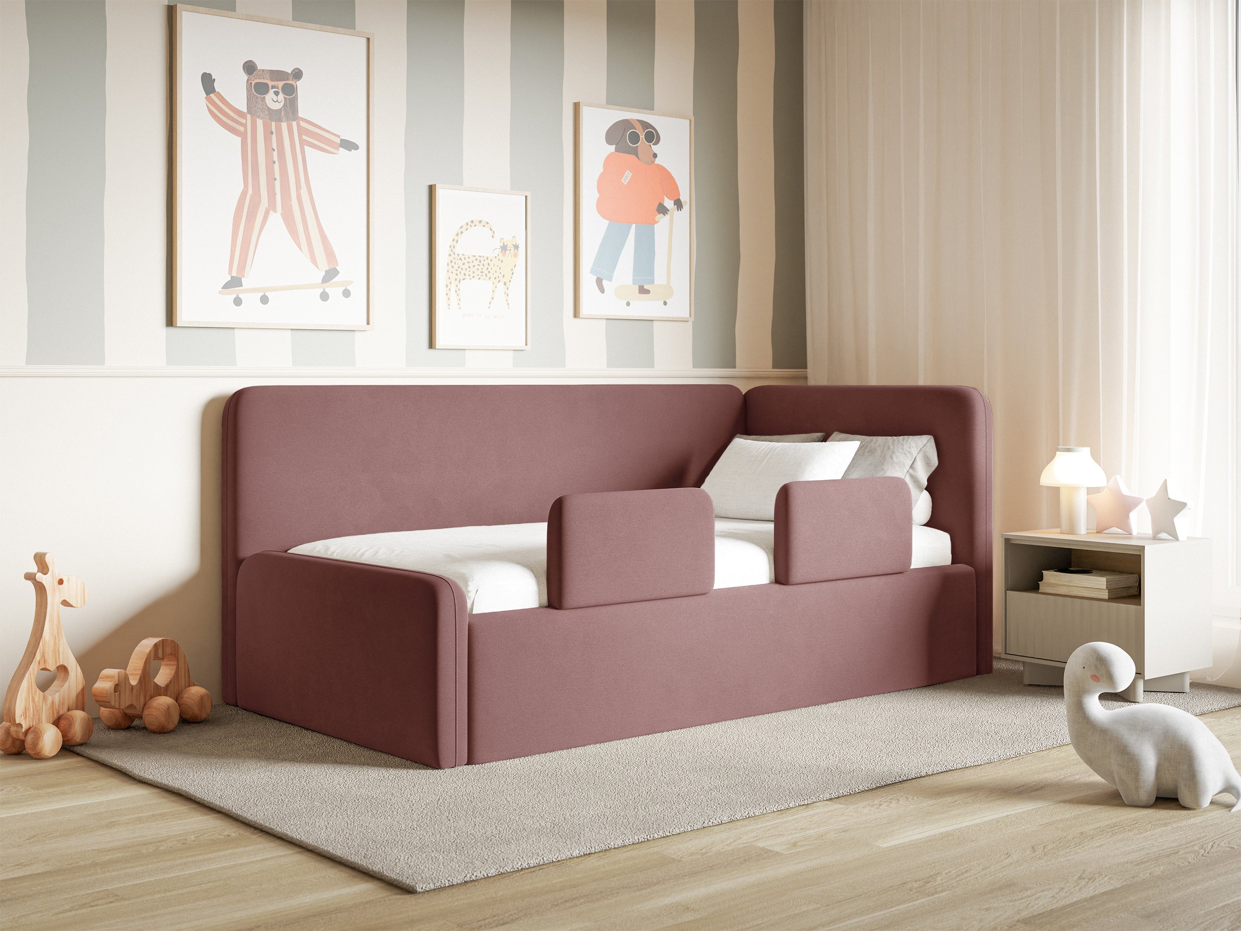 Jugendbett 120x200 cm Fanklo rechtsseitig mit Stauraum und Geländern, rosa Velours, wasserabweisend und leicht zu reinigen