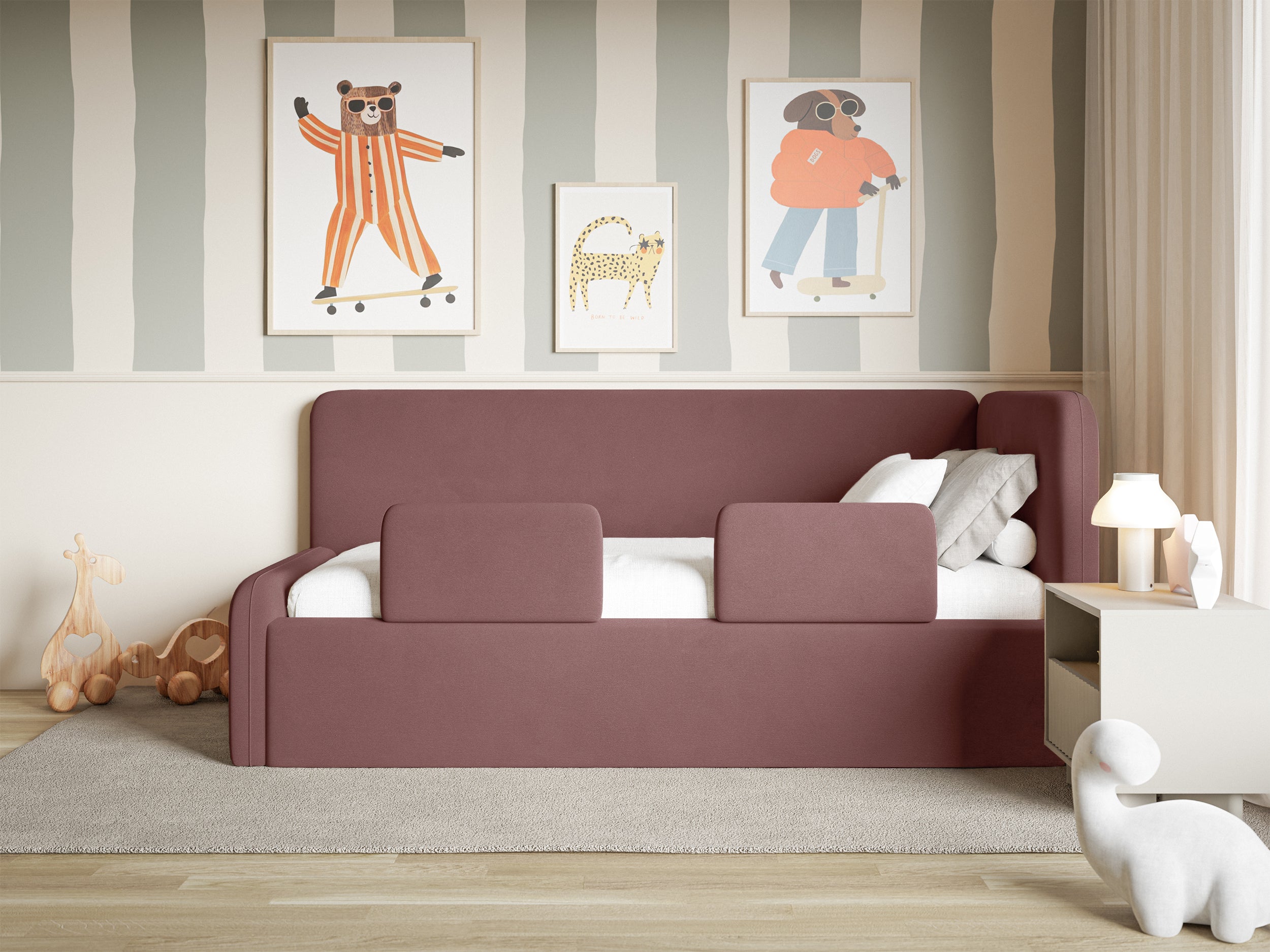 Jugendbett 120x200 cm Fanklo rechtsseitig mit Matratze, Stauraum und Geländern, rosa Velours, wasserabweisend und leicht zu reinigen