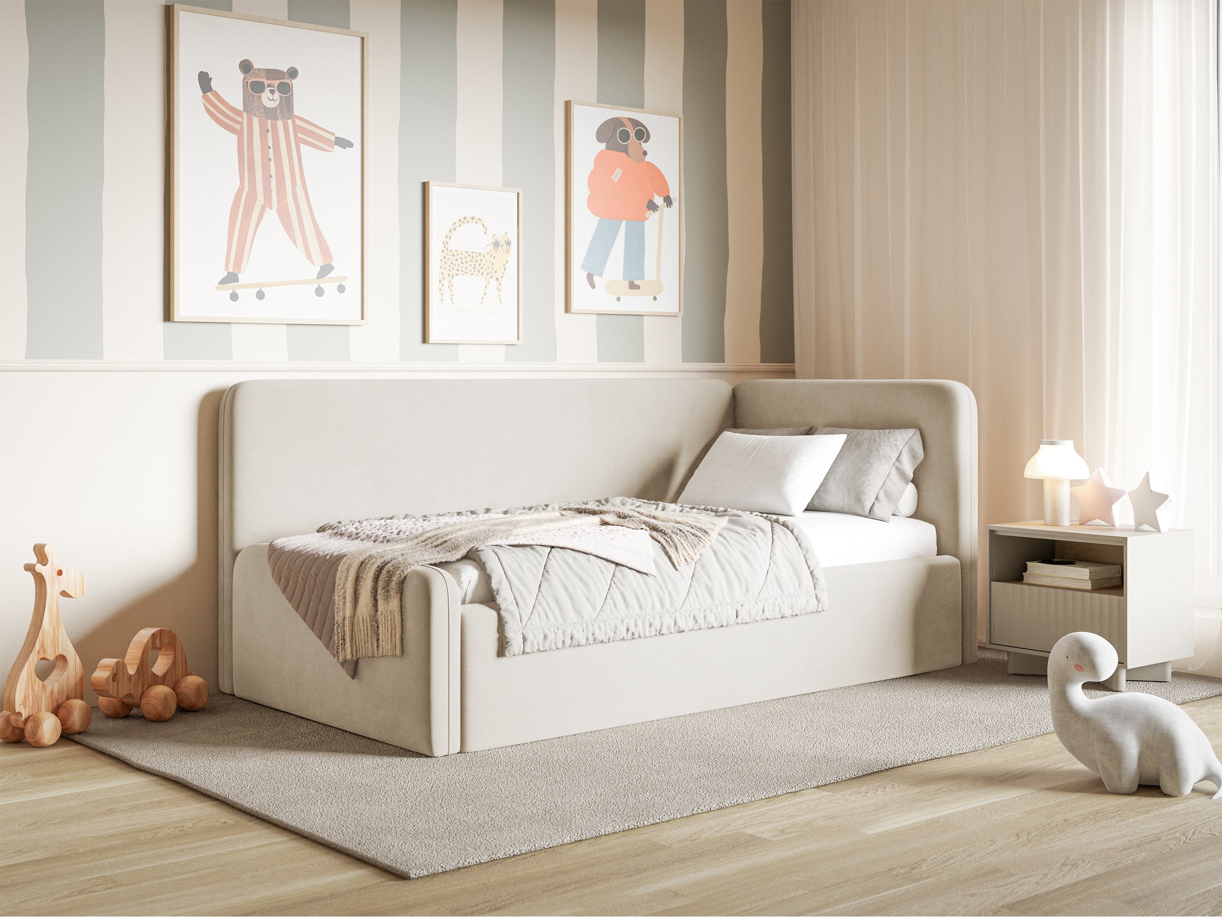 Jugendbett 90x200 cm Fanklo rechtsseitig mit Matratze, Stauraum und hellbeigen, wasserabweisenden, pflegeleichten Samt-Gittern