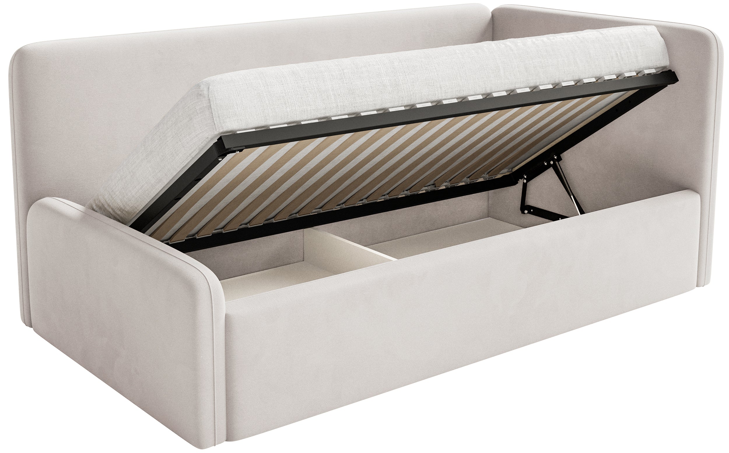 Jugendbett 90x200 cm Fanklo rechtsseitig mit Matratze, Stauraum und hellbeigen, wasserabweisenden, pflegeleichten Samt-Gittern