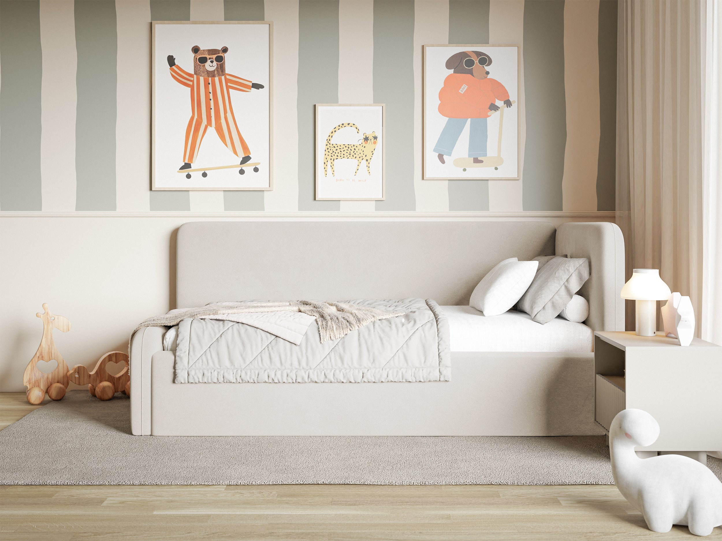 Jugendbett 90x200 cm Fanklo rechtsseitig mit Matratze, Stauraum und hellbeigen, wasserabweisenden, pflegeleichten Samt-Gittern