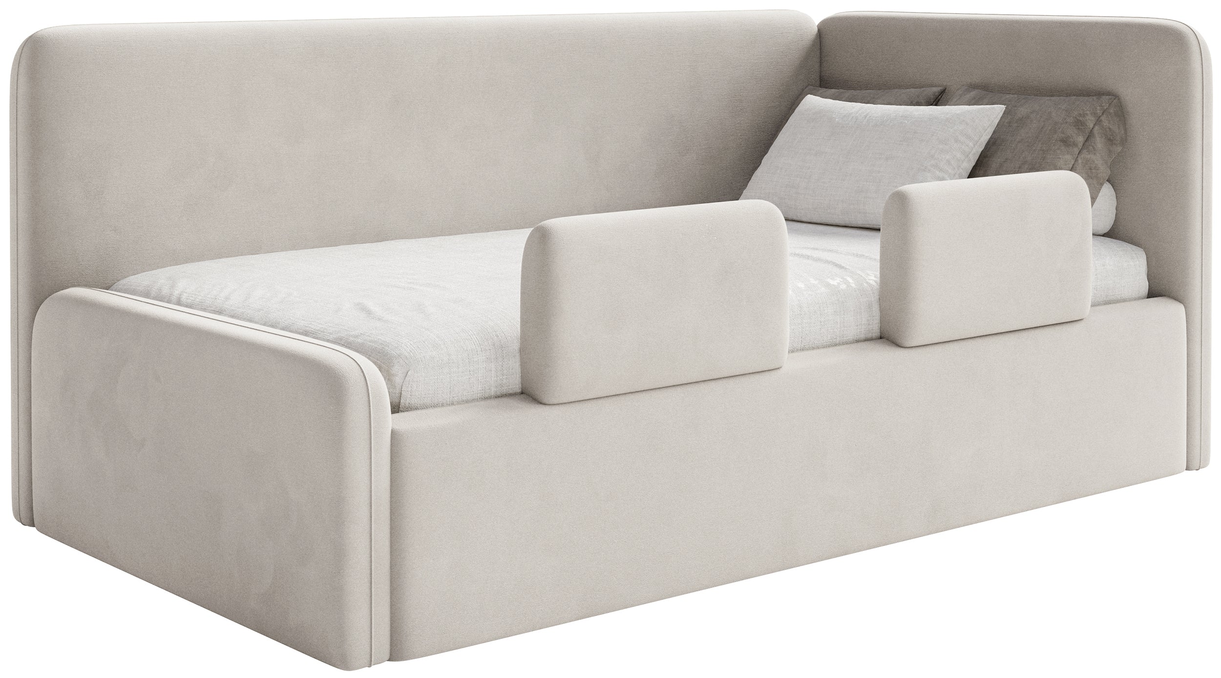 Jugendbett 120x200 cm Fanklo rechtsseitig mit Matratze, Stauraum und Geländern, hellbeiger Velours, wasserabweisend und leicht zu reinigen