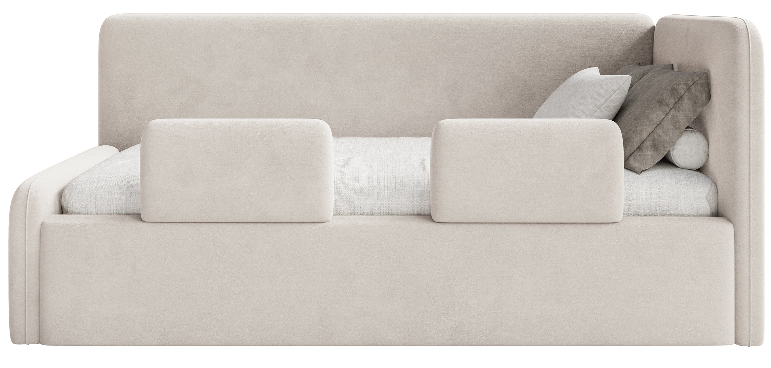 Jugendbett 90x200 cm Fanklo rechtsseitig mit Matratze, Stauraum und hellbeigen, wasserabweisenden, pflegeleichten Samt-Gittern