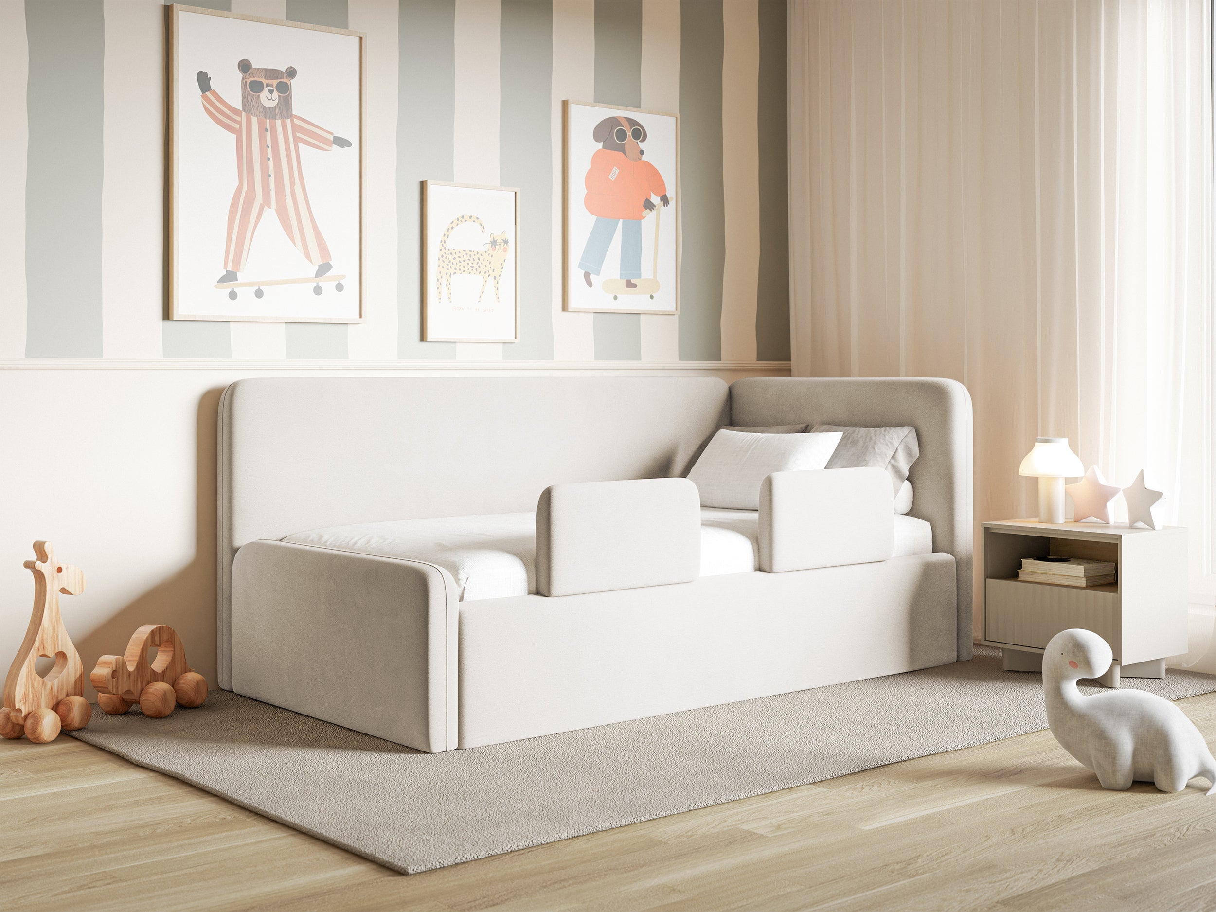 Jugendbett 90x200 cm Fanklo rechtsseitig mit Matratze, Stauraum und hellbeigen, wasserabweisenden, pflegeleichten Samt-Gittern