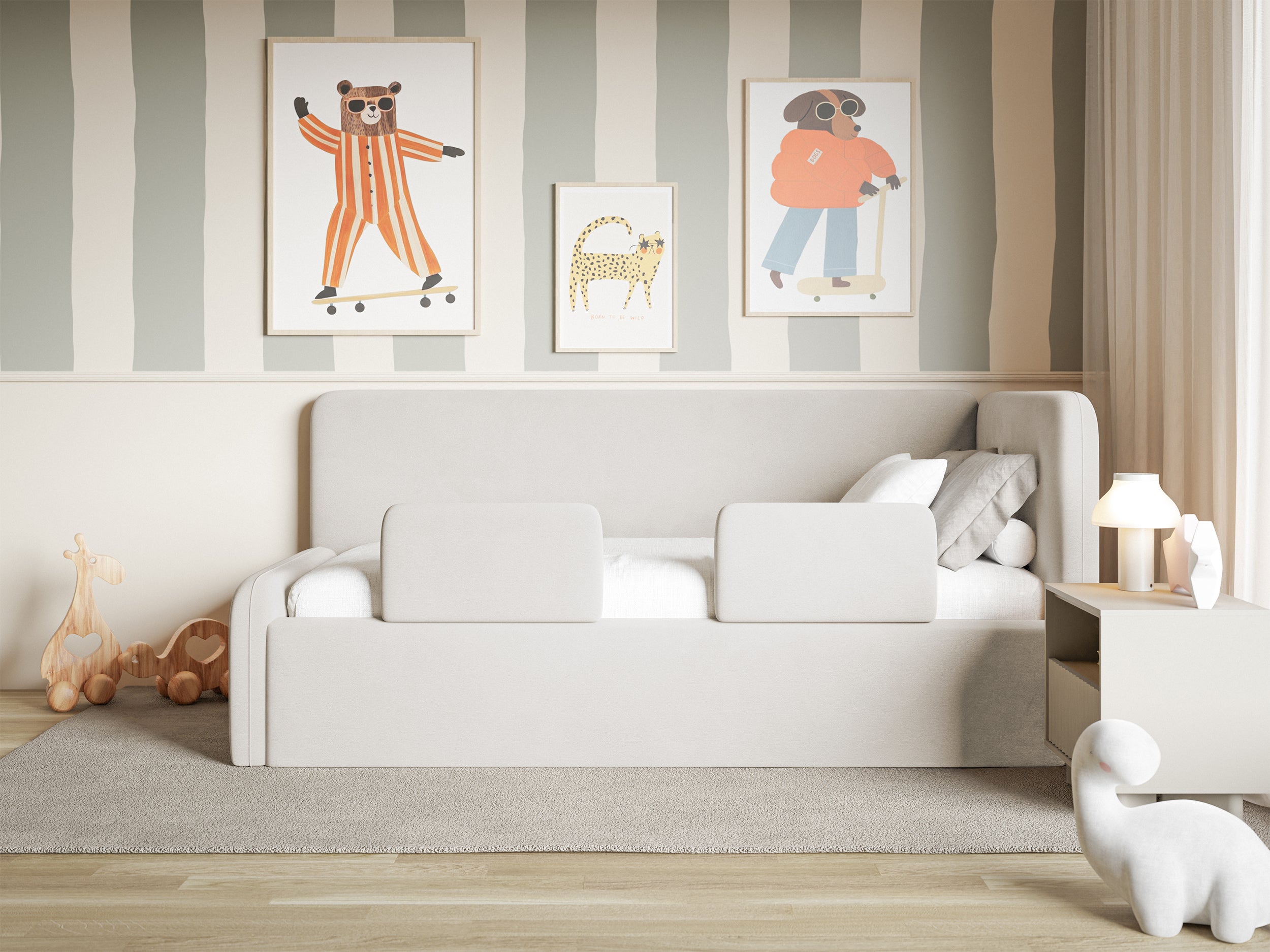 Jugendbett 120x200 cm Fanklo rechtsseitig mit Stauraum und hellbeigen, wasserabweisenden, leicht zu reinigenden Samtgeländern