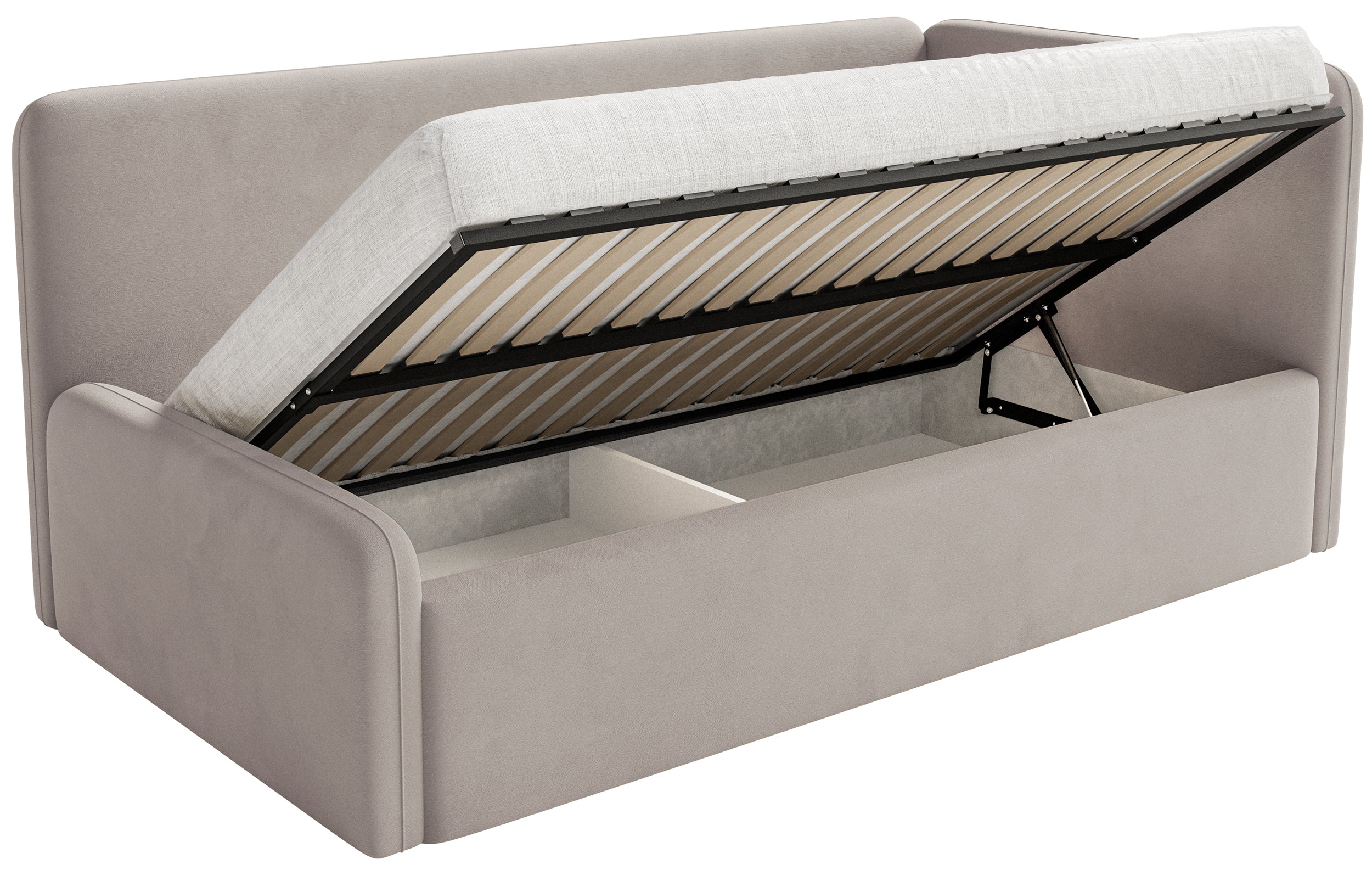 Jugendbett 120x200 cm Fanklo rechtsseitig mit Matratze, Stauraum und Schutzgittern, grau-beiger Velours, wasserabweisend und leicht zu reinigen