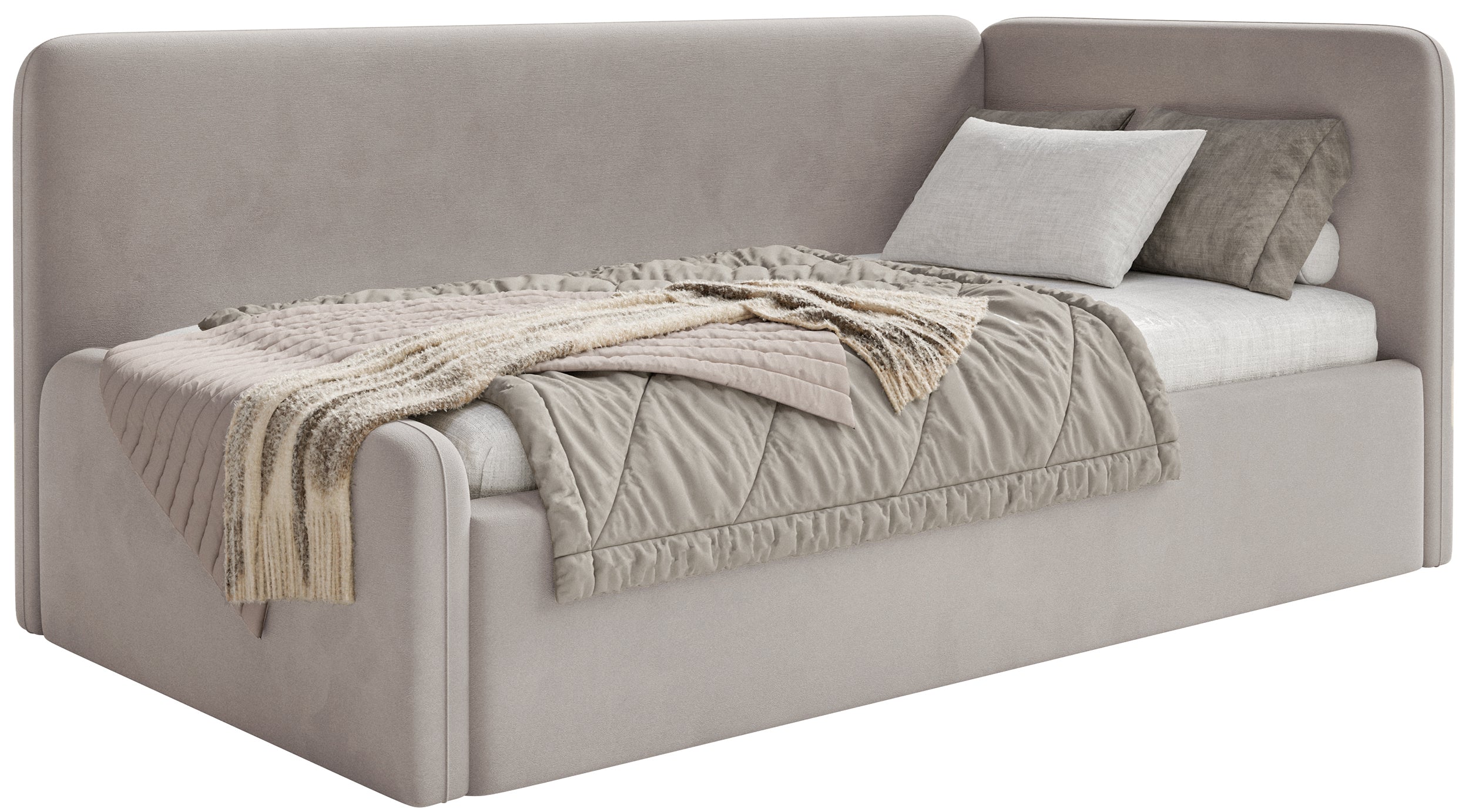 Jugendbett 120x200 cm Fanklo rechtsseitig mit Stauraum, grau-beiges Velours, wasserabweisend und leicht zu reinigen