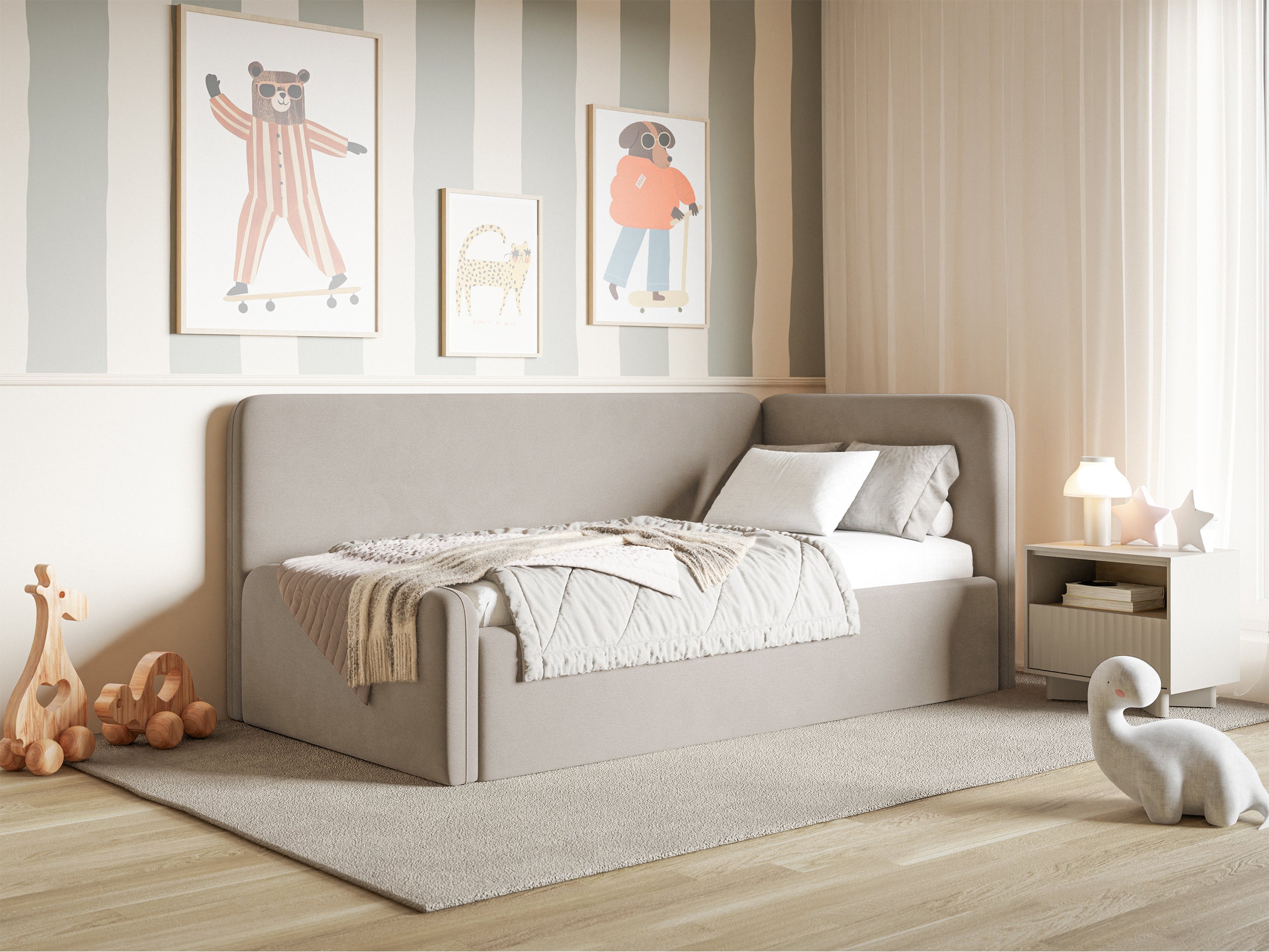 Jugendbett 120x200 cm Fanklo rechtsseitig mit Stauraum, grau-beiges Velours, wasserabweisend und leicht zu reinigen
