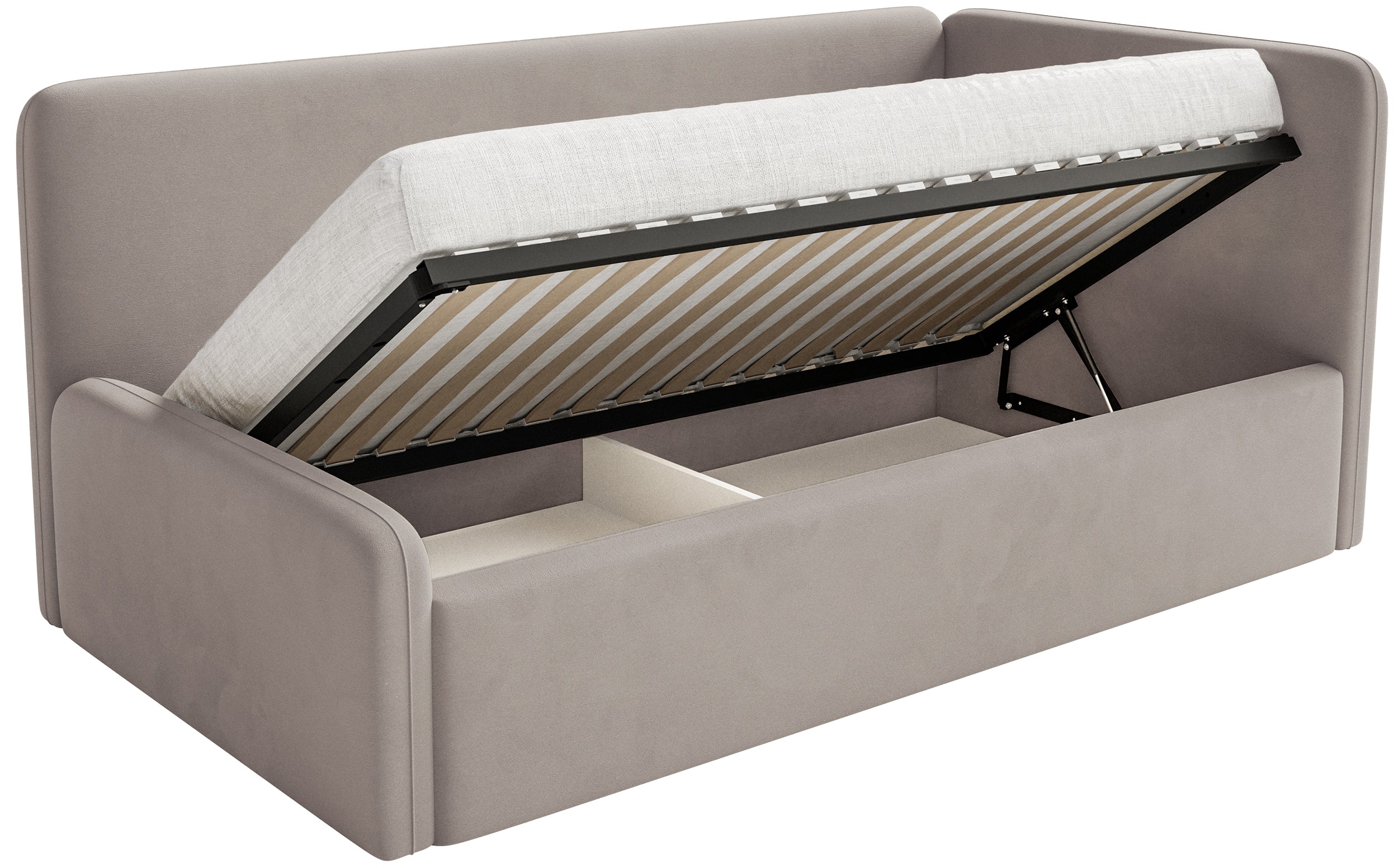 Jugendbett 90x200 cm Fanklo rechtsseitig mit Matratze und Stauraum, grau-beige Velours, wasserabweisend und leicht zu reinigen