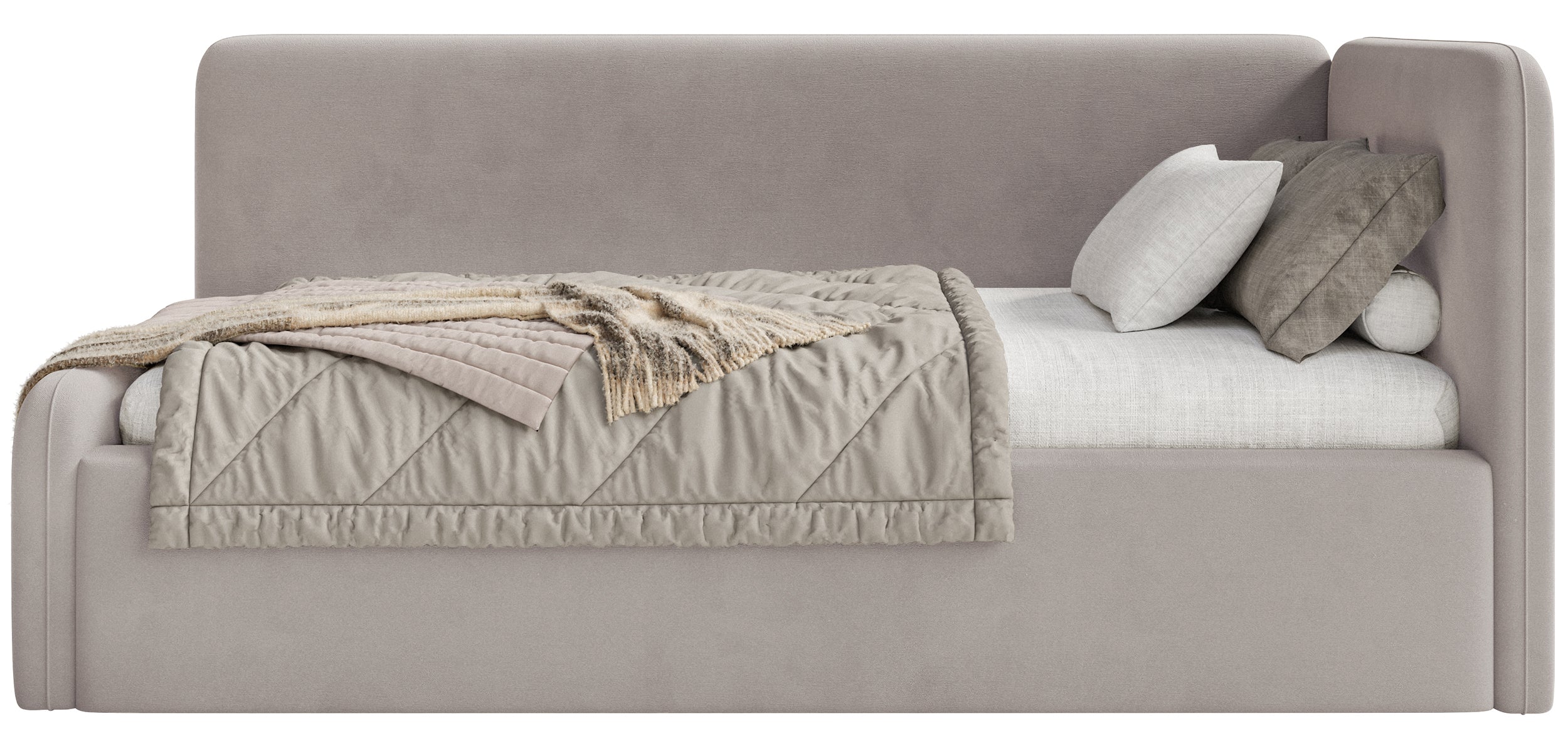 Jugendbett 90x200 cm Fanklo rechtsseitig mit Matratze und Stauraum, grau-beige Velours, wasserabweisend und leicht zu reinigen