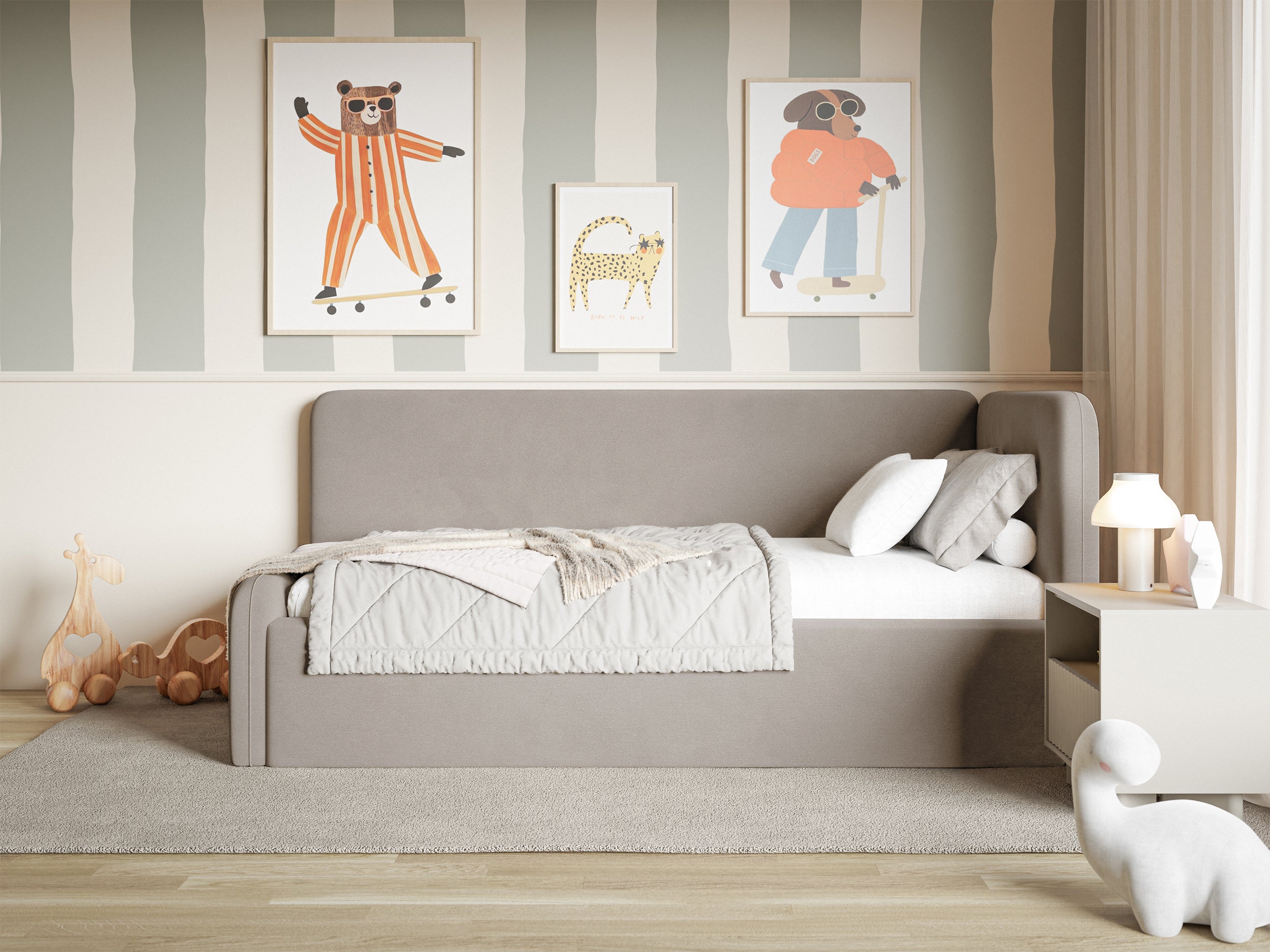 Jugendbett 90x200 cm Fanklo rechtsseitig mit Matratze und Stauraum, grau-beige Velours, wasserabweisend und leicht zu reinigen