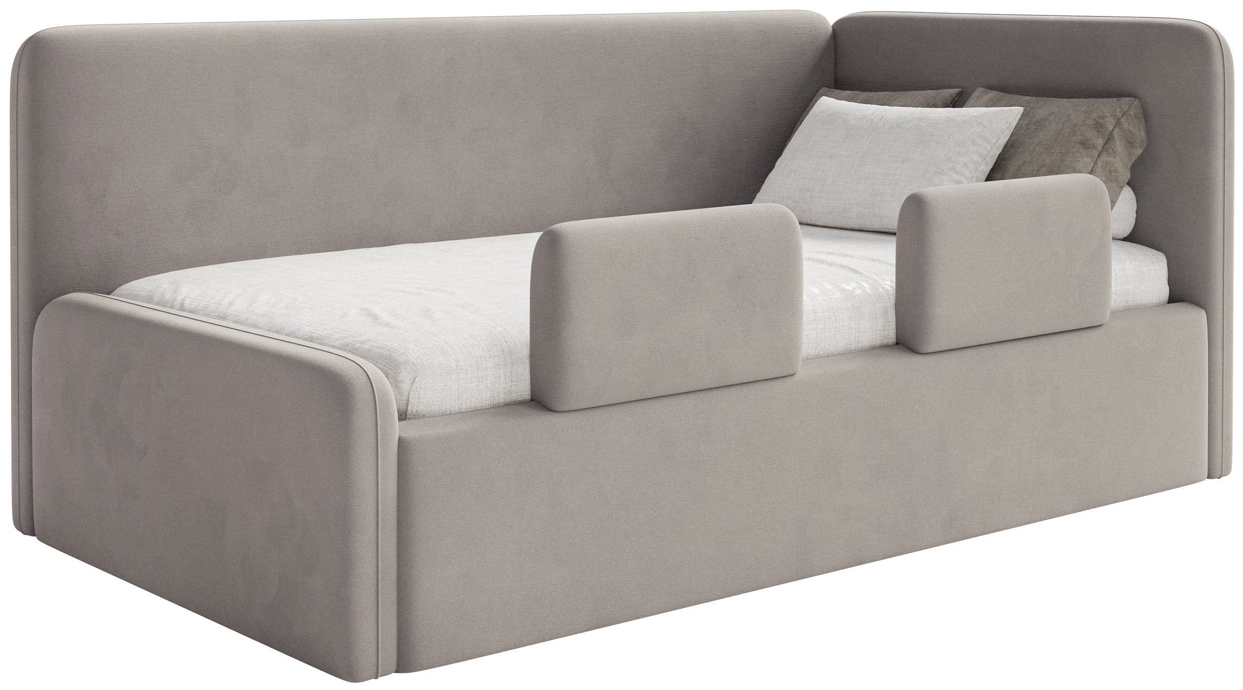 Jugendbett 120x200 cm Fanklo rechtsseitig mit Stauraum und Geländern, grau-beiger Velours, wasserabweisend und leicht zu reinigen