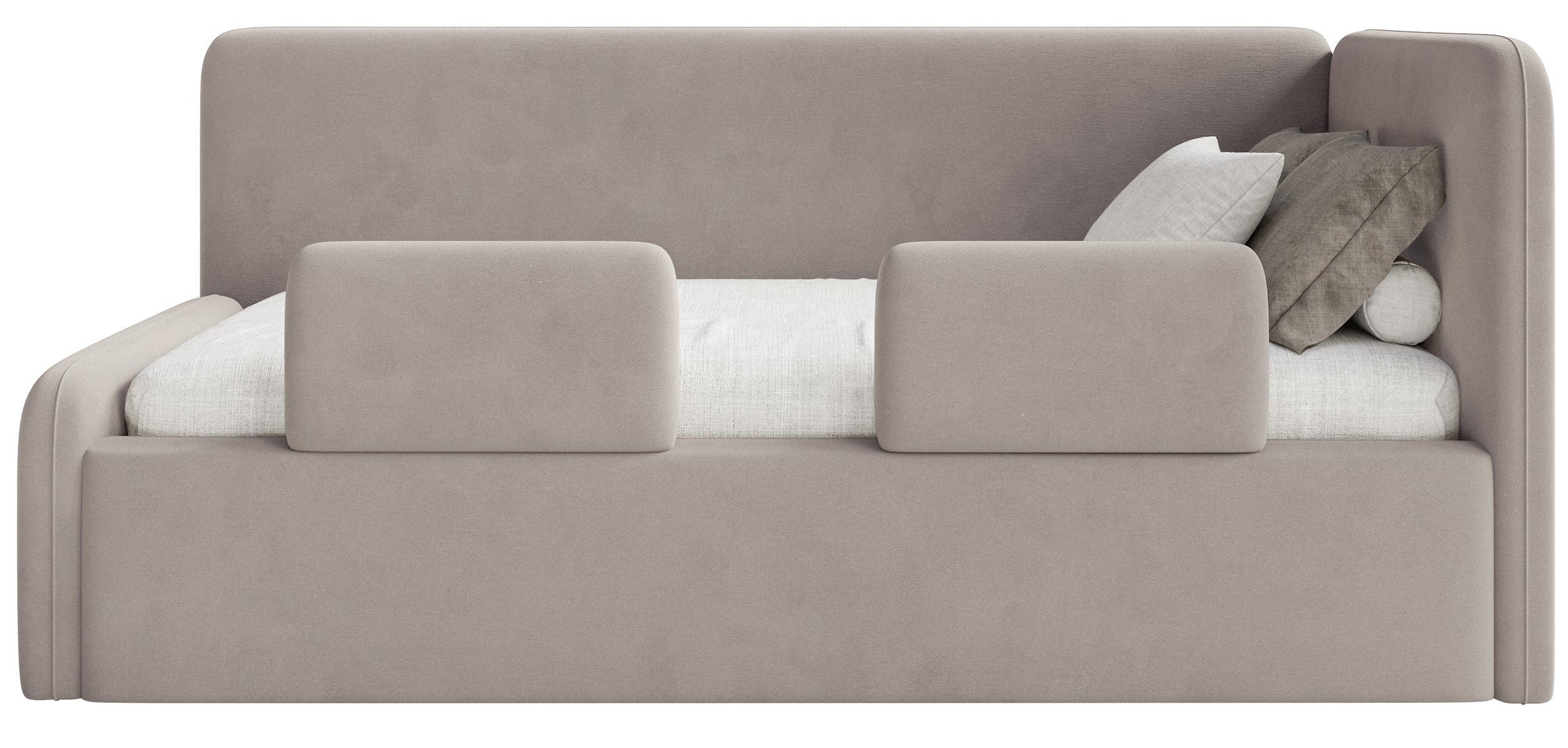 Jugendbett 120x200 cm Fanklo rechtsseitig mit Matratze, Stauraum und Schutzgittern, grau-beiger Velours, wasserabweisend und leicht zu reinigen
