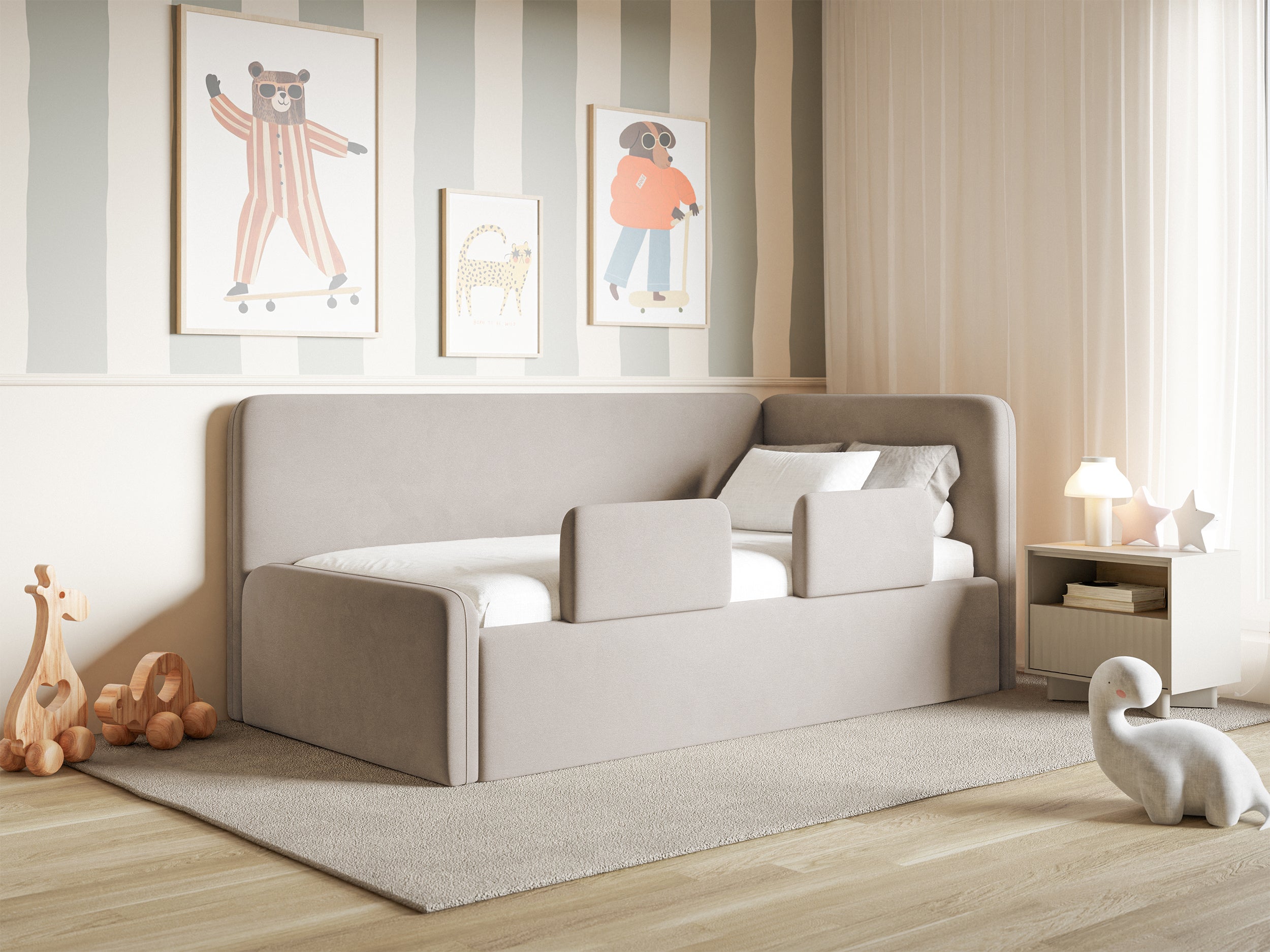 Jugendbett 90x200 cm Fanklo rechtsseitig mit Stauraum und Geländern, grau-beiger Velours, wasserabweisend und leicht zu reinigen