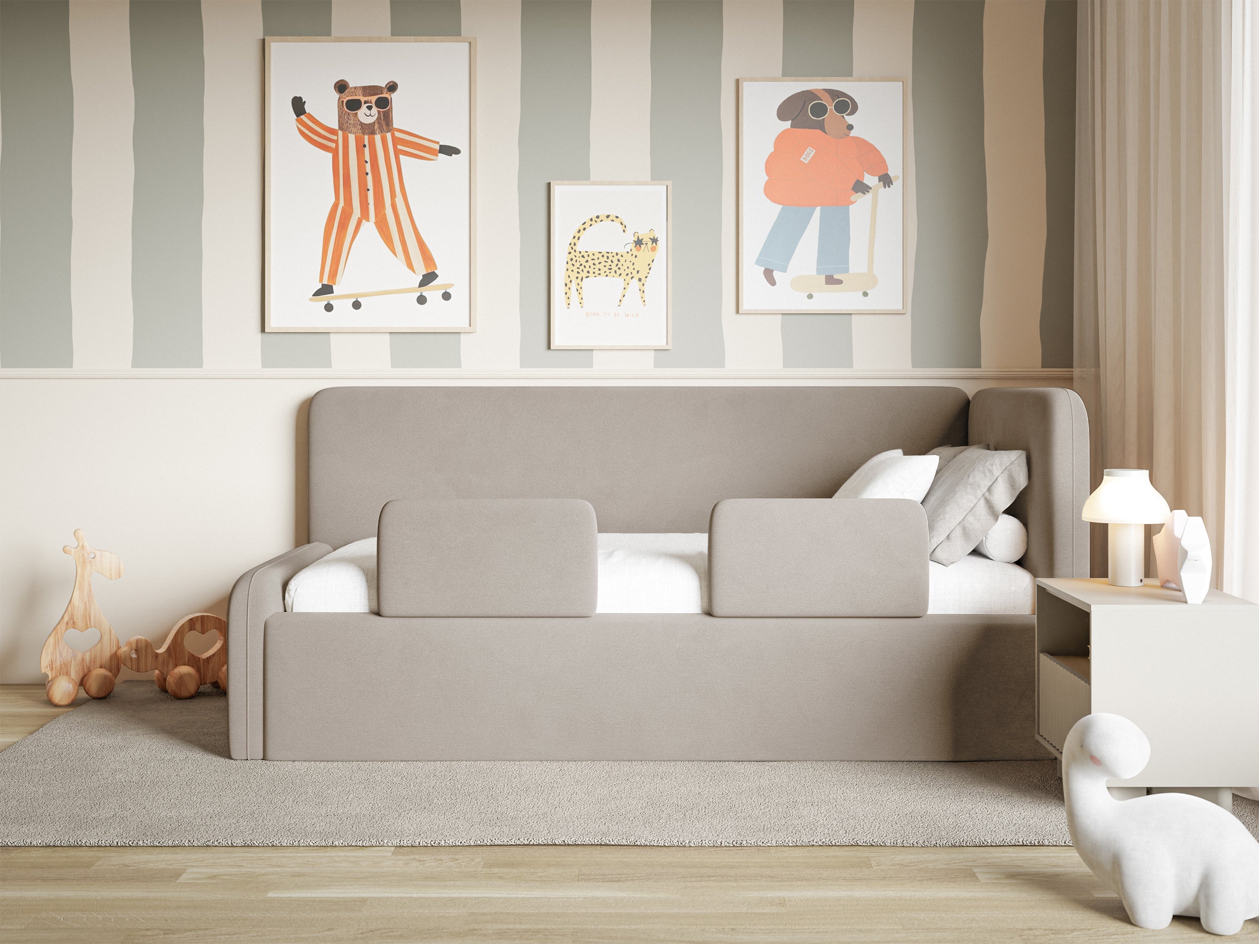 Jugendbett 90x200 cm Fanklo rechtsseitig mit Stauraum und Geländern, grau-beiger Velours, wasserabweisend und leicht zu reinigen