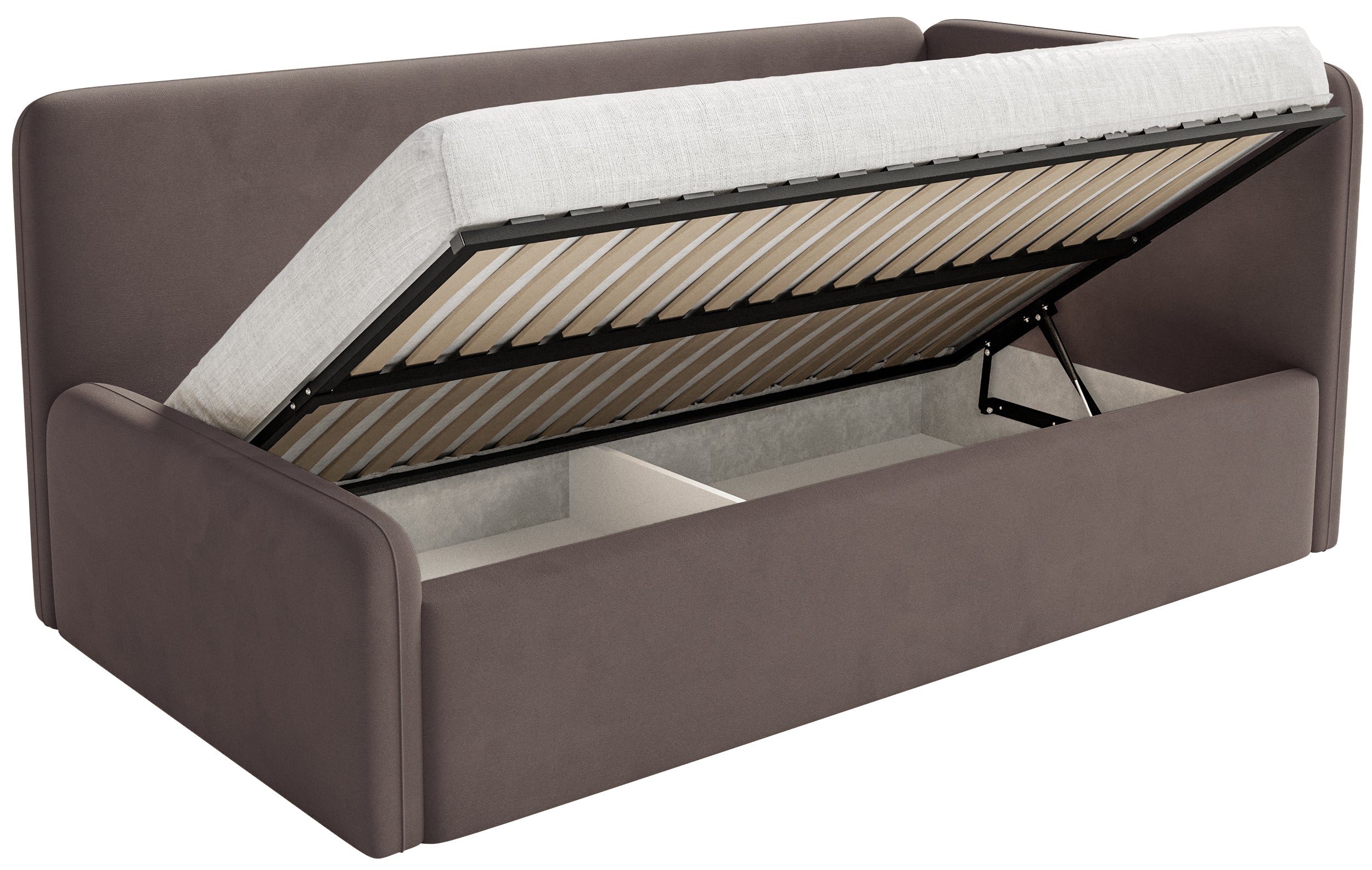 Jugendbett 120x200 cm Fanklo rechtsseitig mit Matratze, Stauraum und Geländern, brauner Velours, wasserabweisend und pflegeleicht