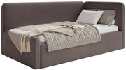 Jugendbett 120x200 cm Fanklo rechtsseitig mit Matratze und Stauraum, brauner Velours, wasserabweisend und leicht zu reinigen