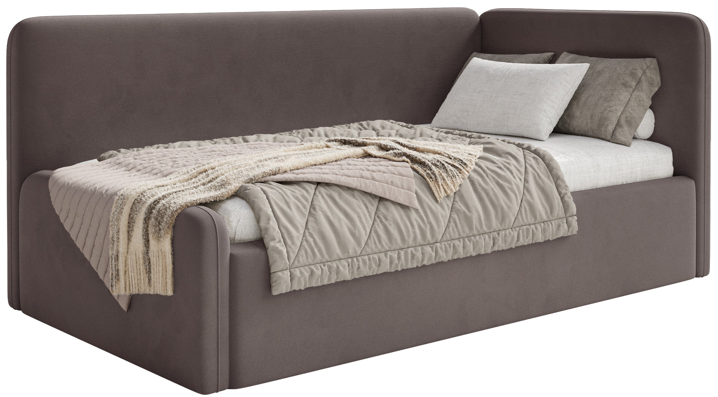 Jugendbett 120x200 cm Fanklo rechtsseitig mit Matratze, Stauraum und Geländern, brauner Velours, wasserabweisend und pflegeleicht