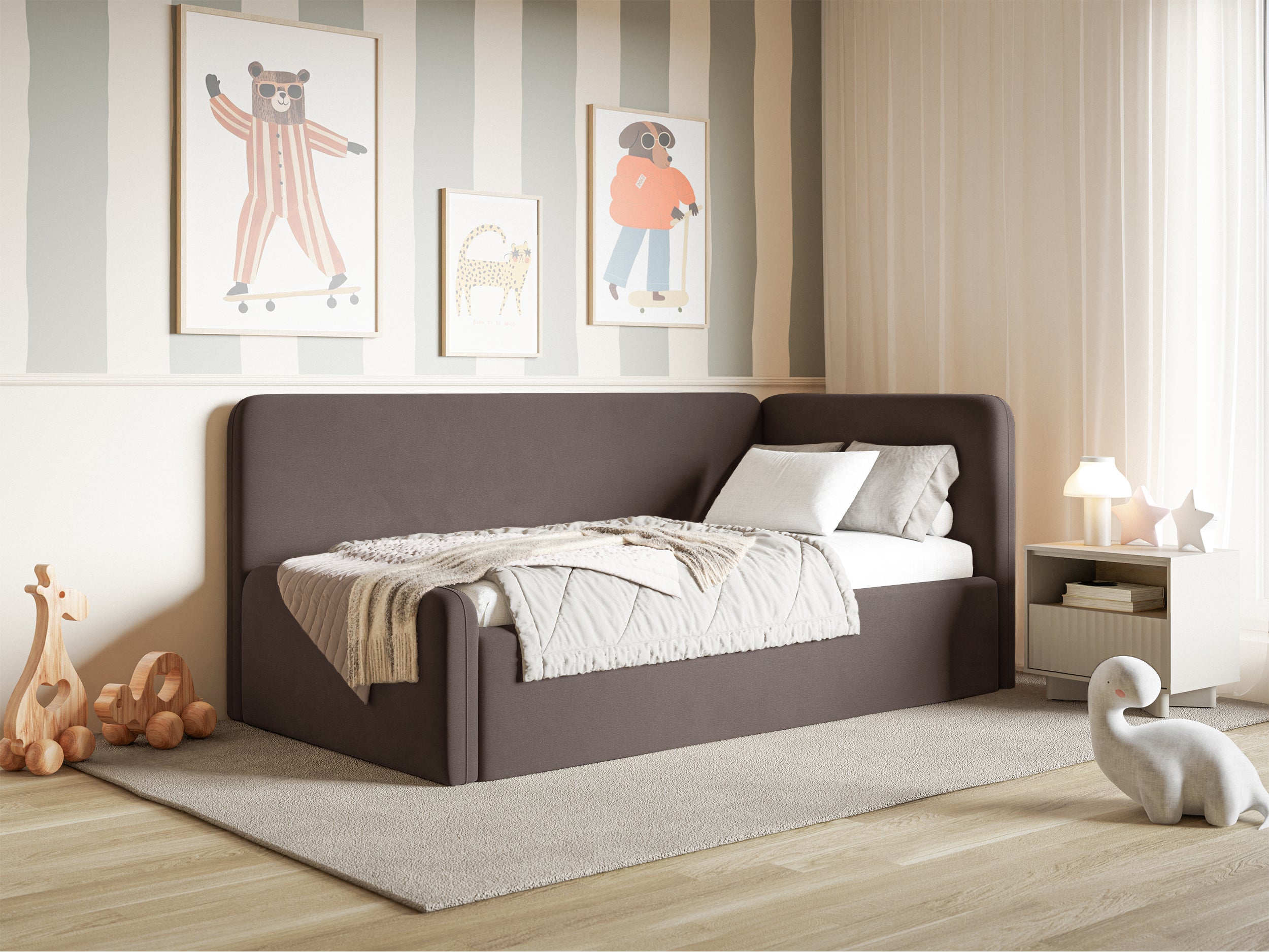 Jugendbett 120x200 cm Fanklo rechtsseitig mit Matratze, Stauraum und Geländern, brauner Velours, wasserabweisend und pflegeleicht