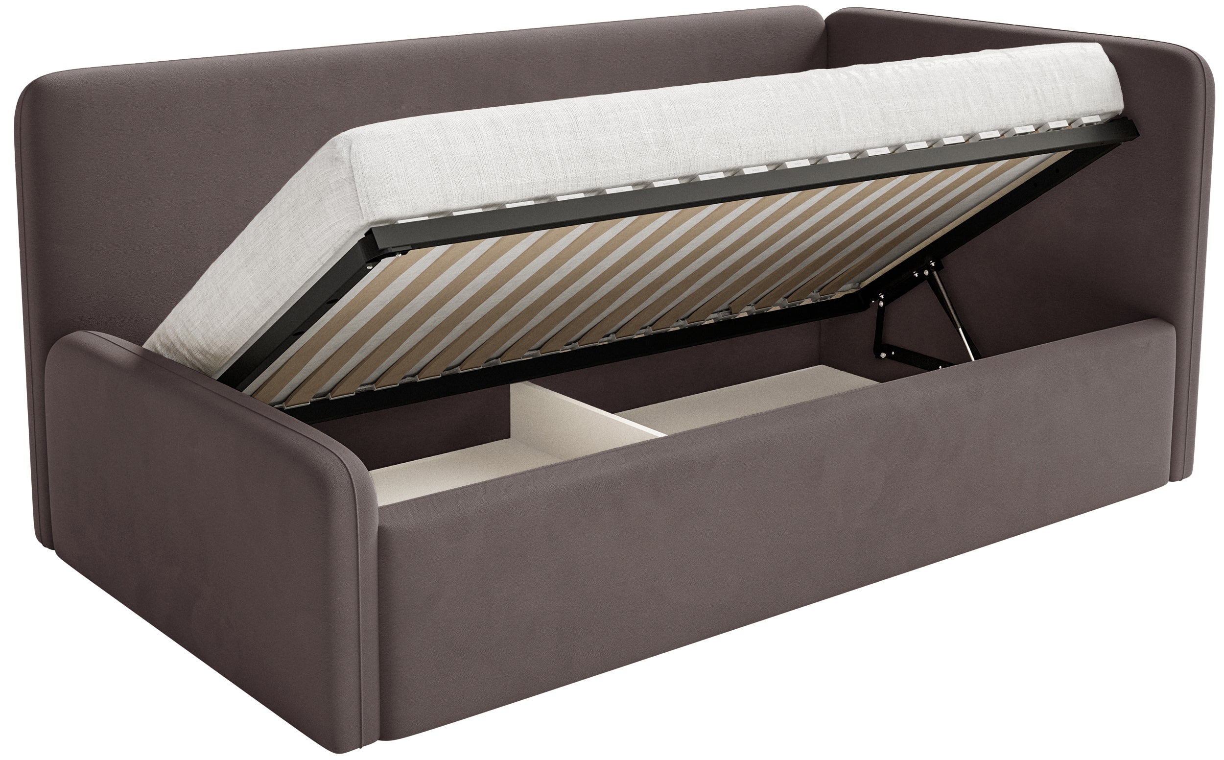 Jugendbett 90x200 cm Fanklo rechtsseitig mit Matratze, Stauraum und Geländern, brauner Velours, wasserabweisend und leicht zu reinigen