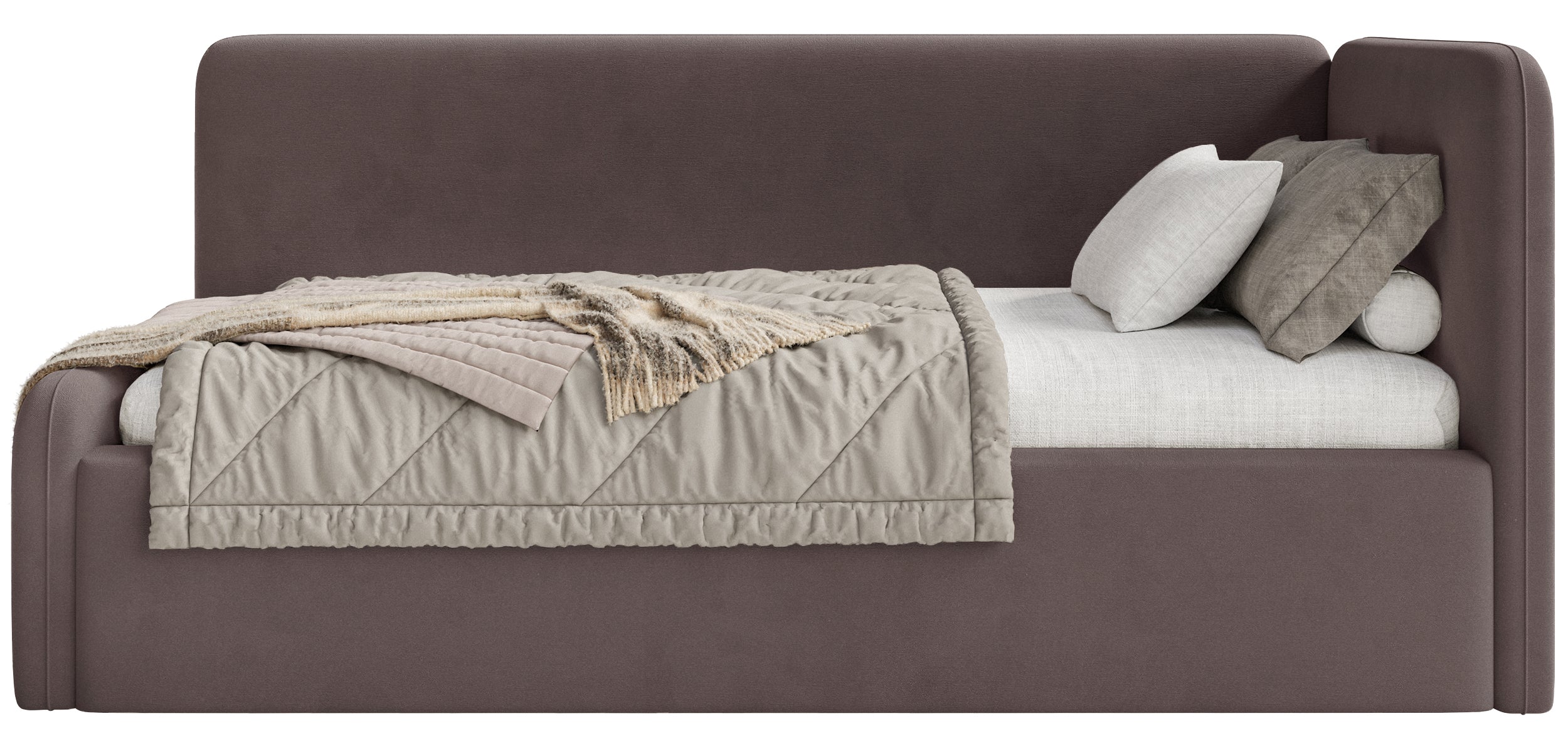 Jugendbett 120x200 cm Fanklo rechtsseitig mit Matratze, Stauraum und Geländern, brauner Velours, wasserabweisend und pflegeleicht