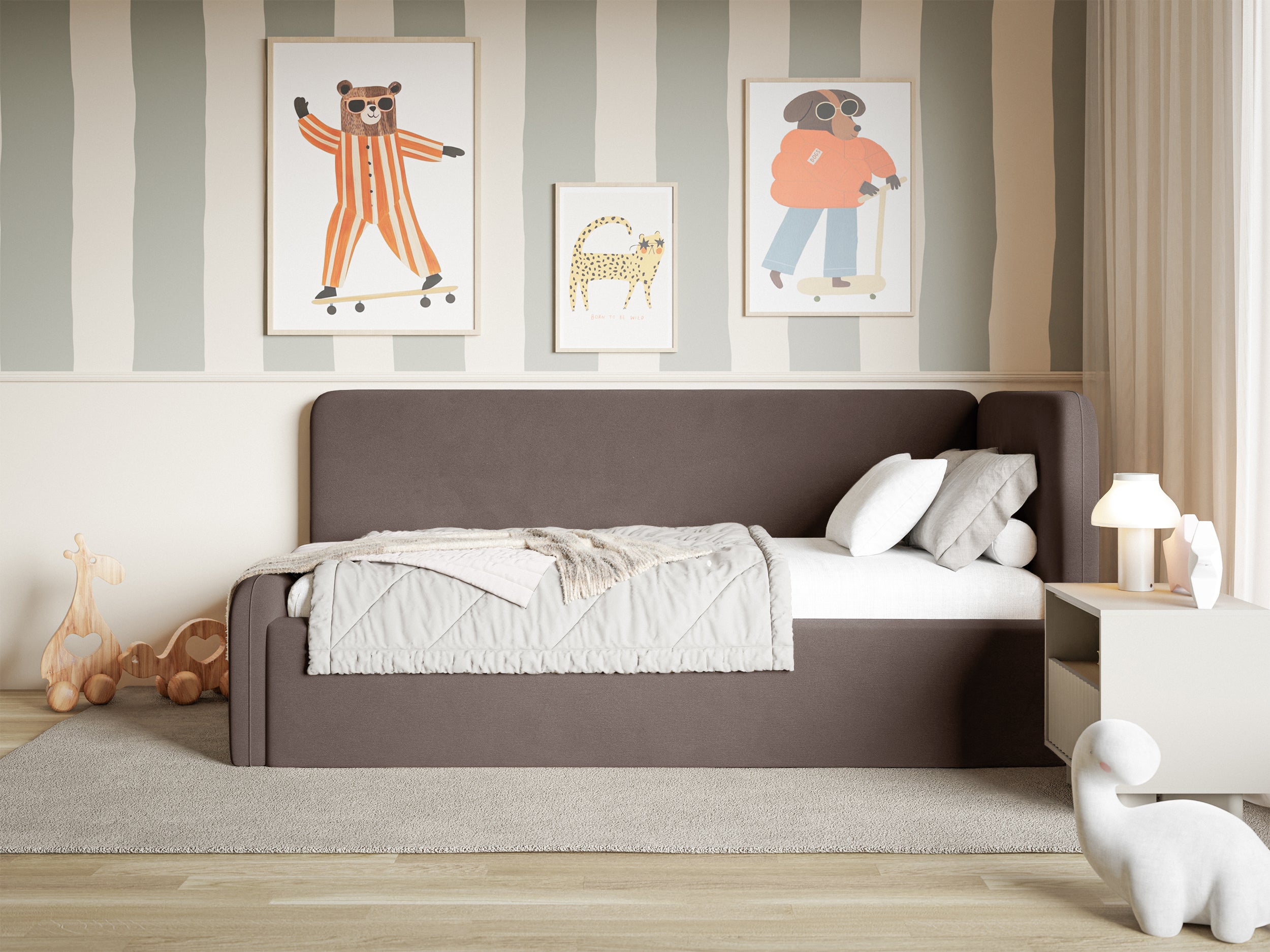 Jugendbett 120x200 cm Fanklo rechtsseitig mit Matratze, Stauraum und Geländern, brauner Velours, wasserabweisend und pflegeleicht