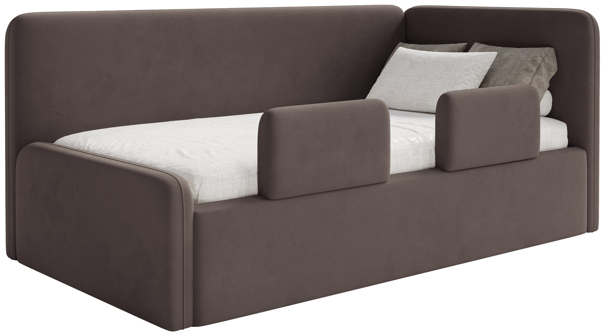Jugendbett 120x200 cm Fanklo rechtsseitig mit Matratze, Stauraum und Geländern, brauner Velours, wasserabweisend und pflegeleicht