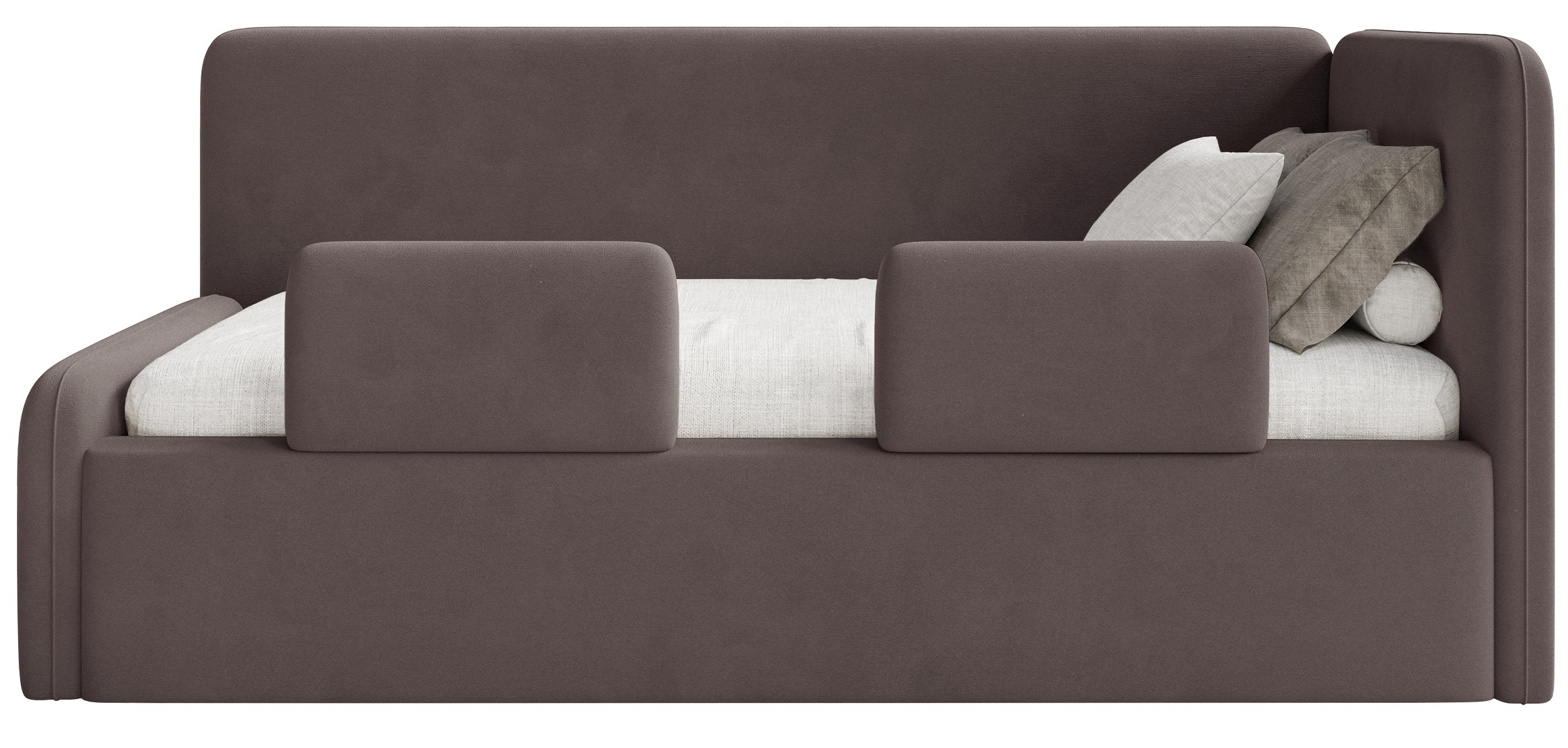 Jugendbett 120x200 cm Fanklo rechtsseitig mit Matratze, Stauraum und Geländern, brauner Velours, wasserabweisend und pflegeleicht