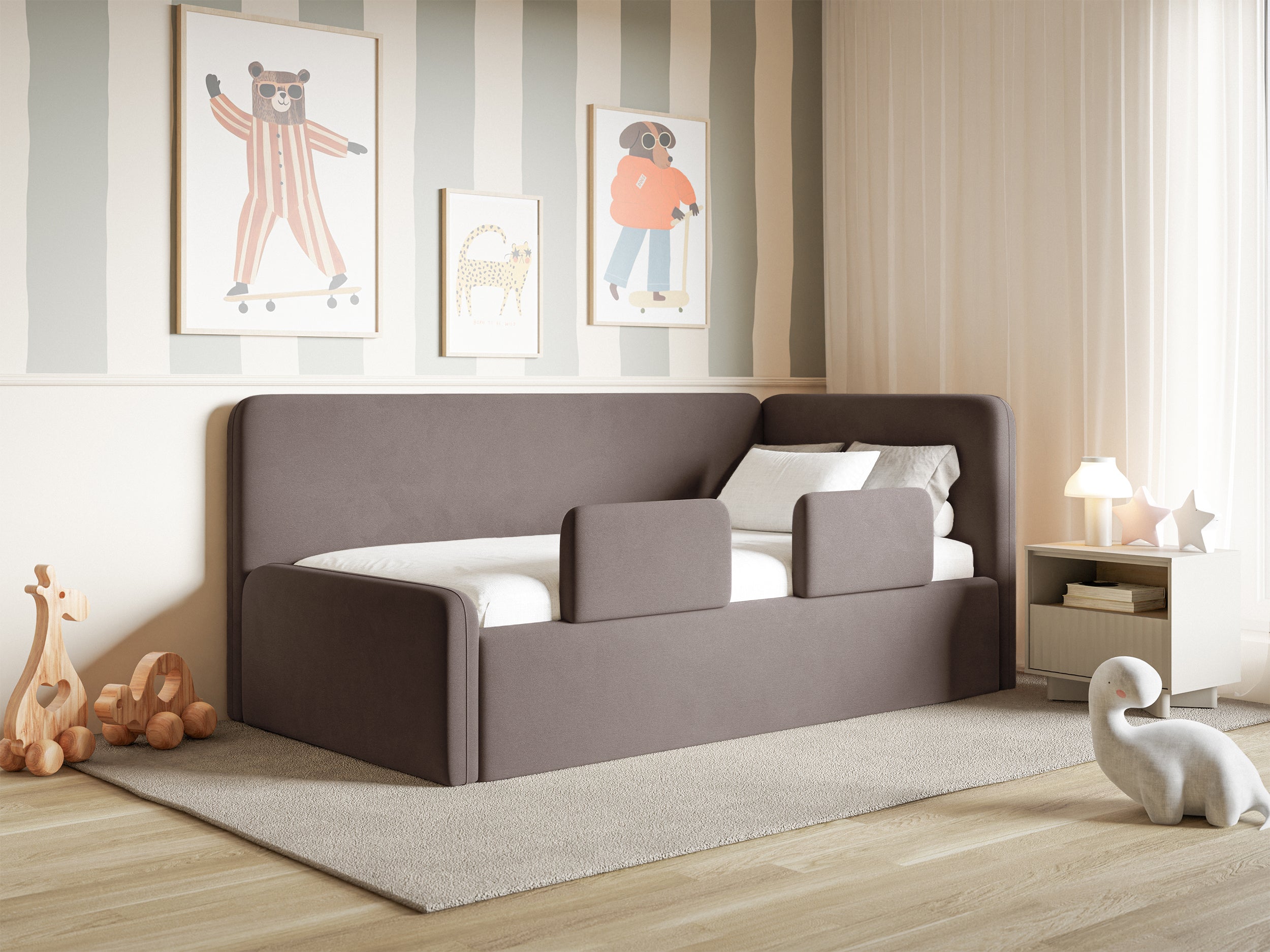 Jugendbett 120x200 cm Fanklo rechtsseitig mit Matratze, Stauraum und Geländern, brauner Velours, wasserabweisend und pflegeleicht