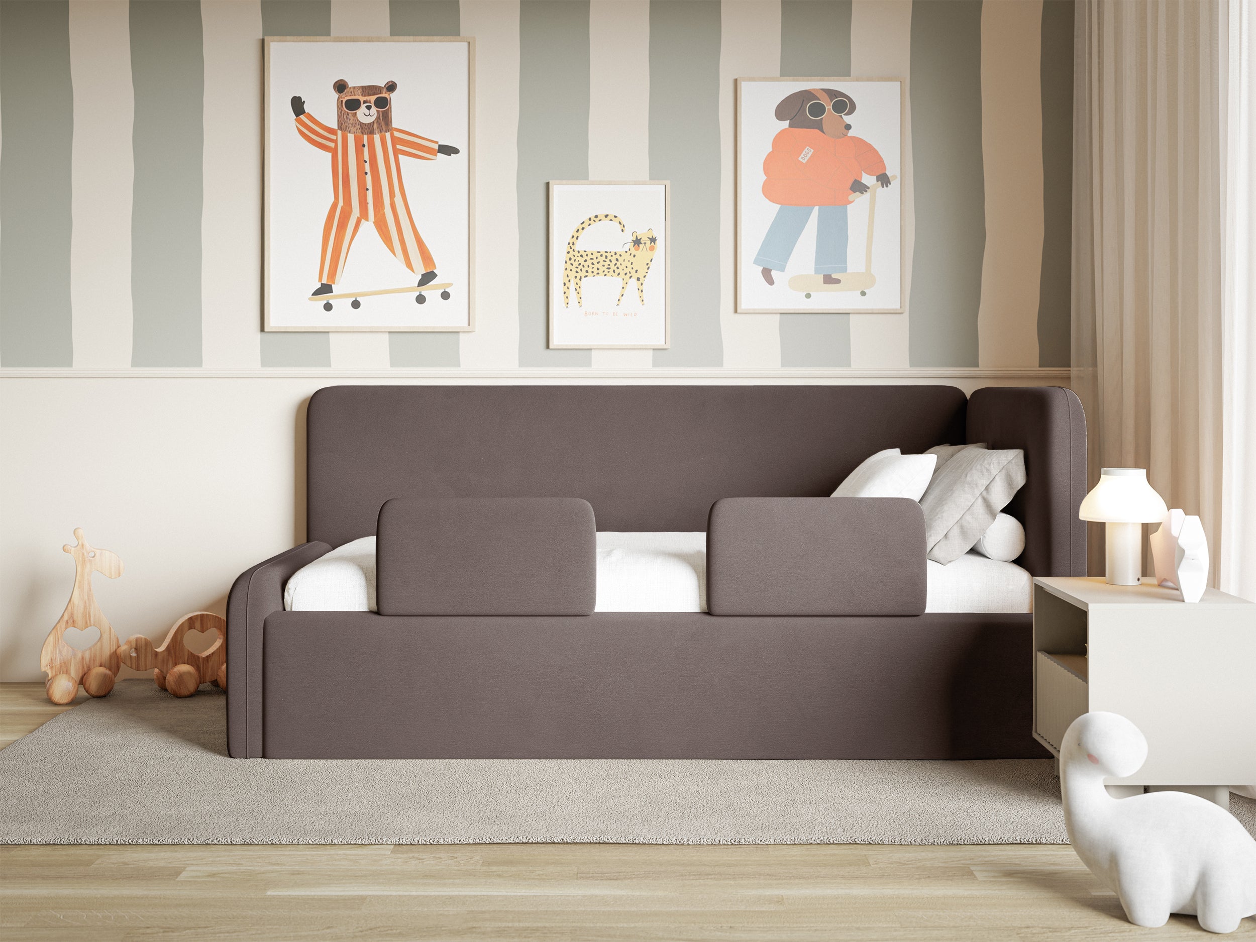 Jugendbett 120x200 cm Fanklo rechtsseitig mit Matratze, Stauraum und Geländern, brauner Velours, wasserabweisend und pflegeleicht