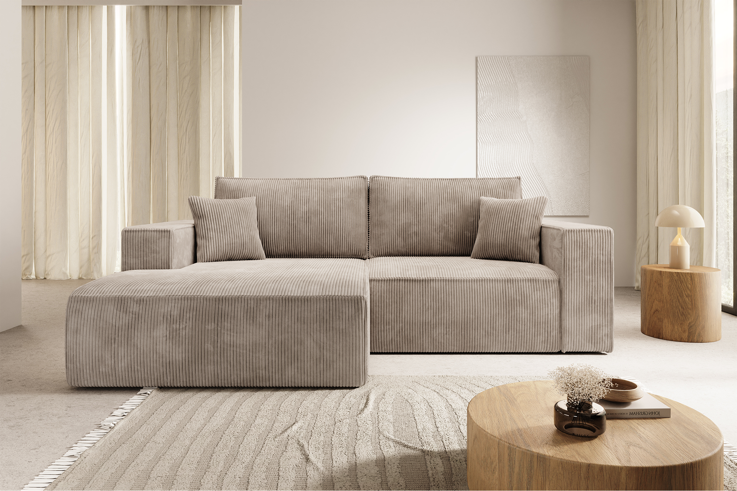 Ecksofa mit Schlaffunktion Farese Mini, L-förmig, linksseitig, mit Stauraum, beige Cordstoff