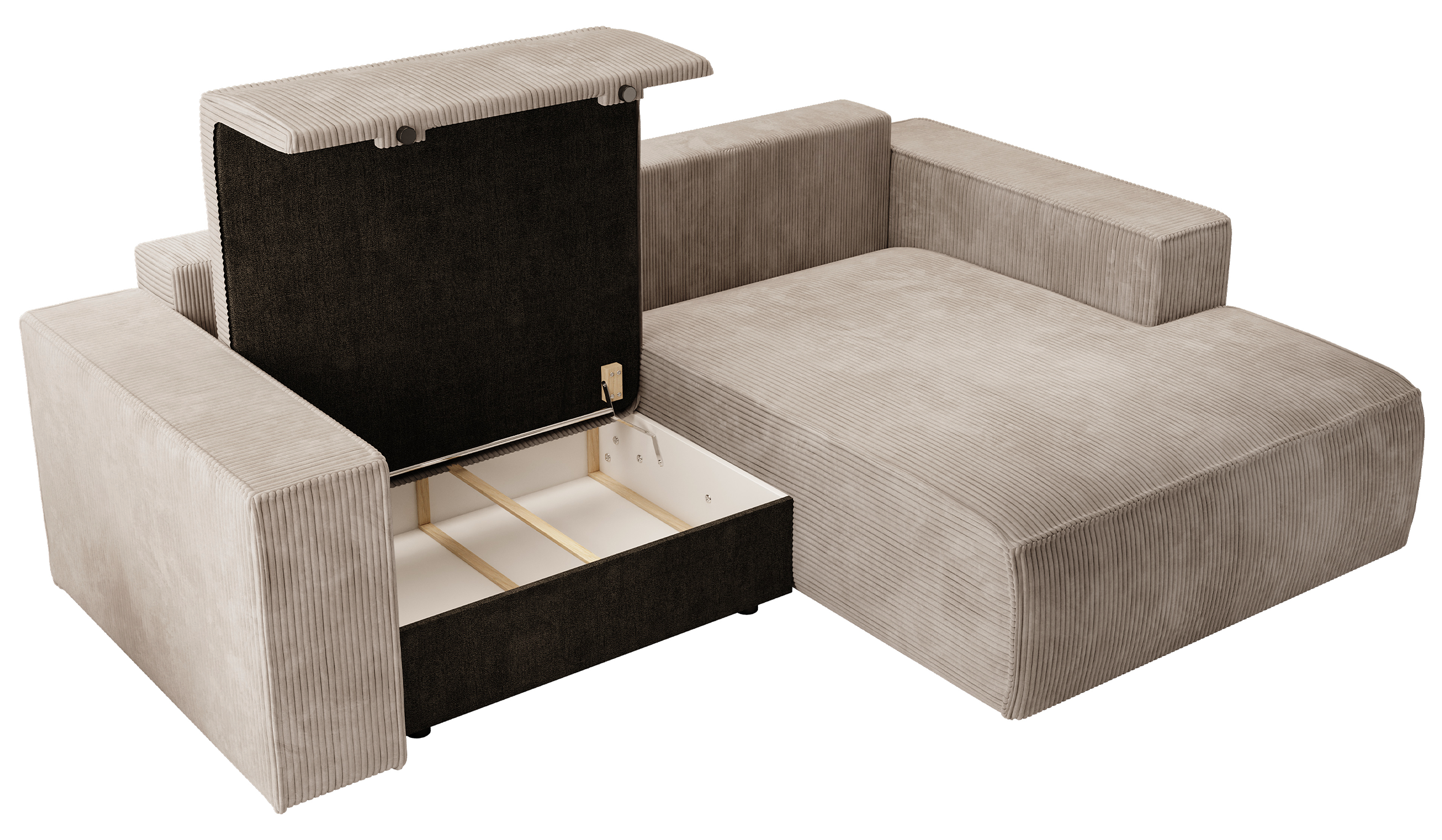 Ecksofa mit Schlaffunktion Farese Mini, L-förmig, rechtsseitig, mit Stauraum, beige Cordstoff