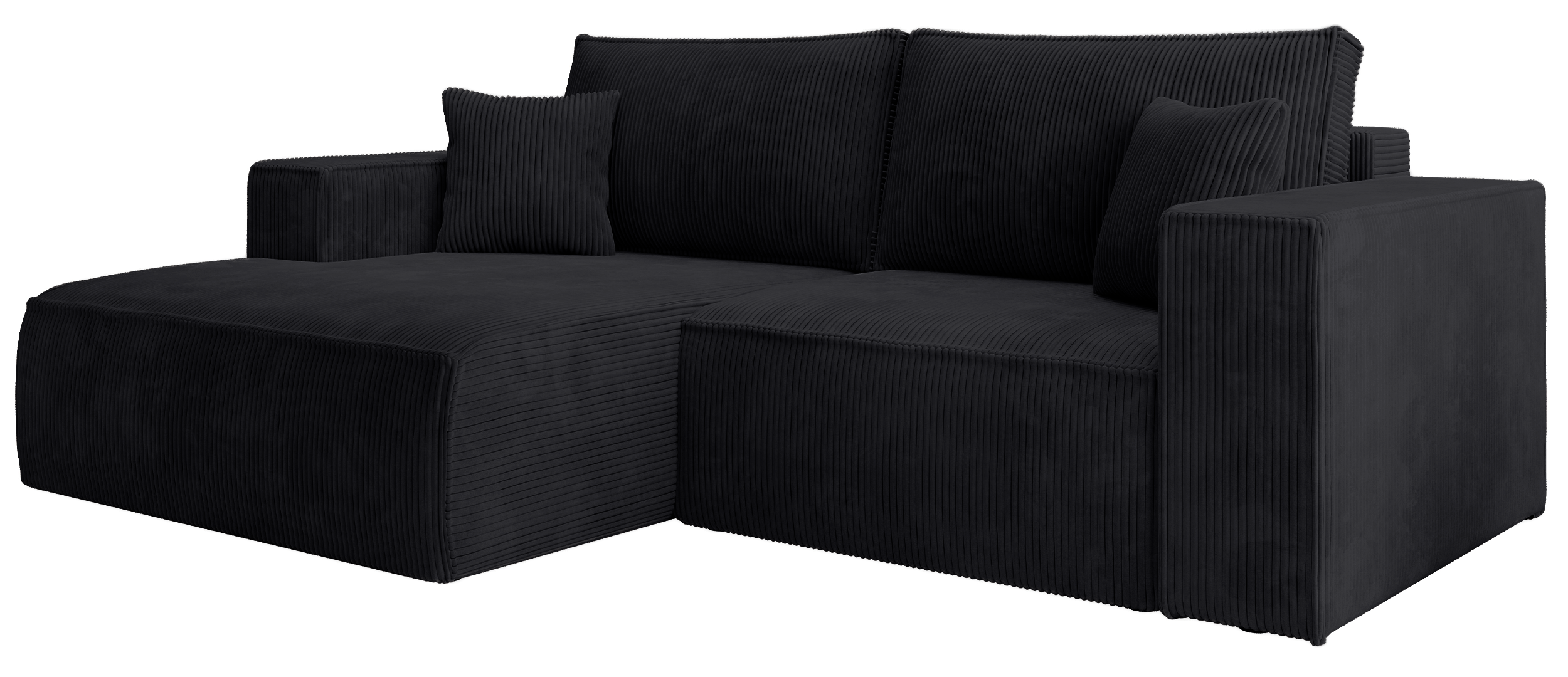 Ecksofa mit Schlaffunktion Farese Mini, L-förmig, linksseitig, mit Stauraum, schwarzer Cordstoff