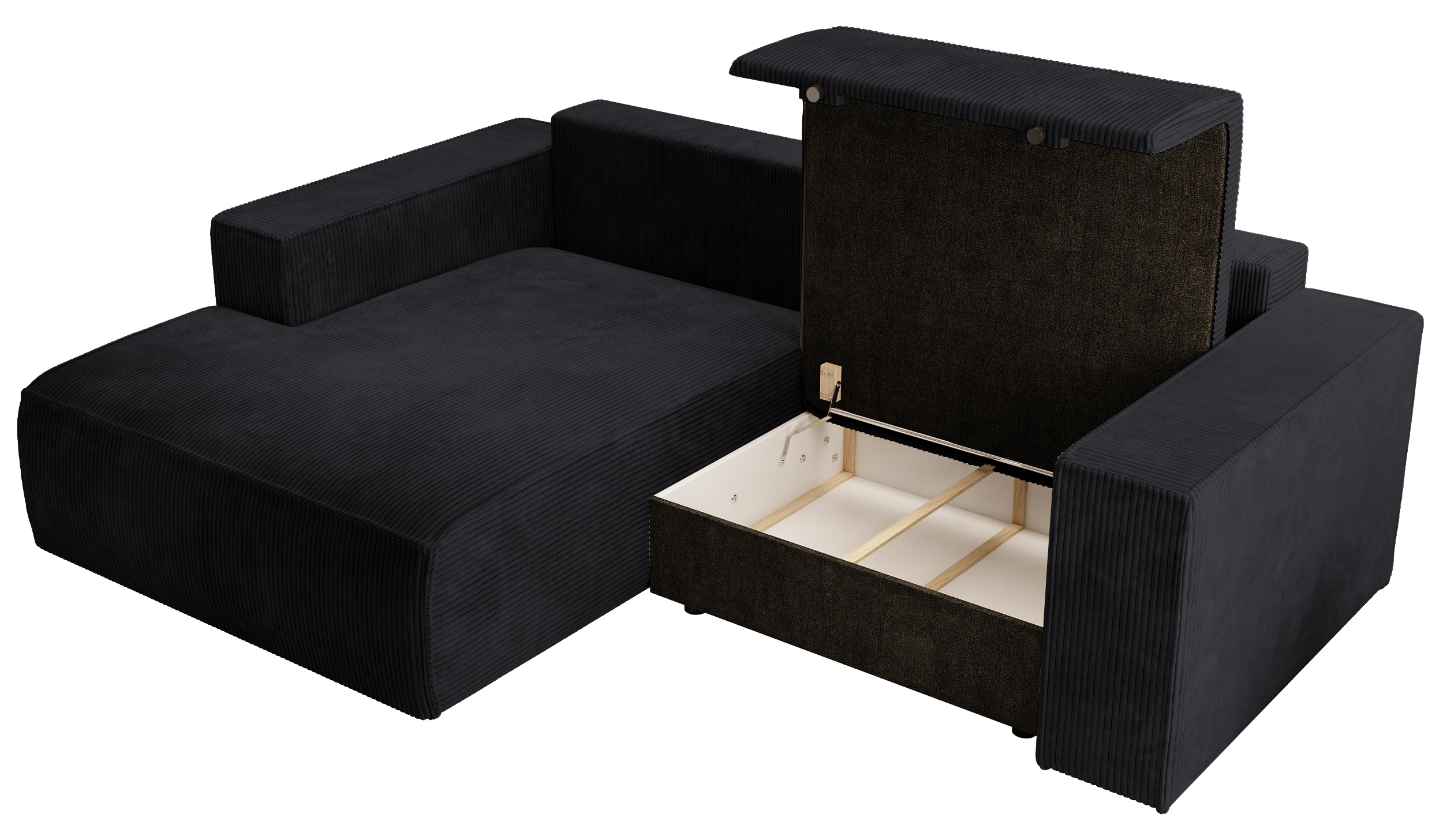 Ecksofa mit Schlaffunktion Farese Mini, L-förmig, linksseitig, mit Stauraum, schwarzer Cordstoff