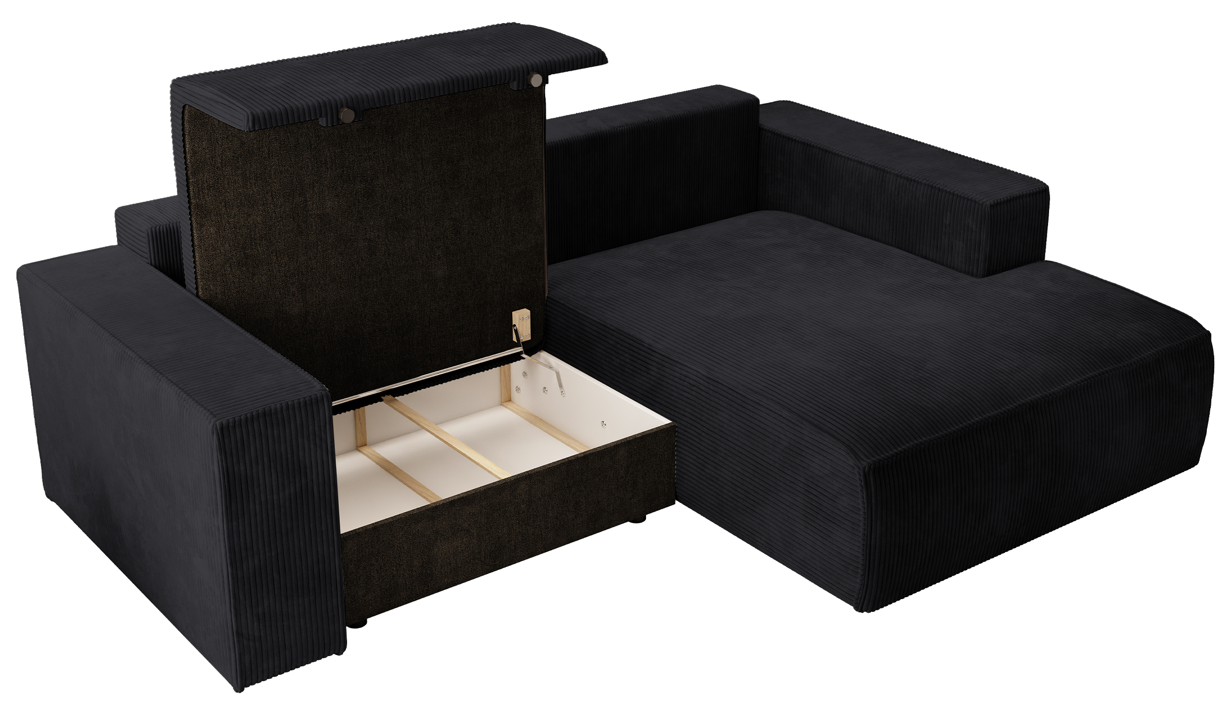 Ecksofa mit Schlaffunktion Farese Mini, L-förmig, rechtsseitig, mit Stauraum, schwarzer Cordstoff