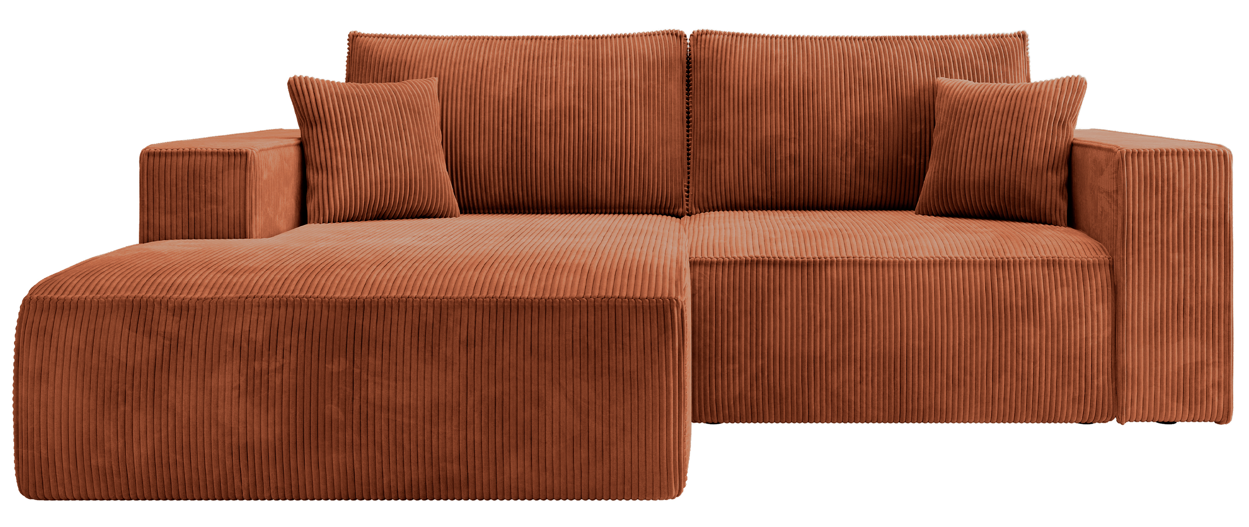 Ecksofa mit Schlafunktion Farese Mini, L-förmig, linksseitig, mit Stauraum, kupferfarbener Cordstoff