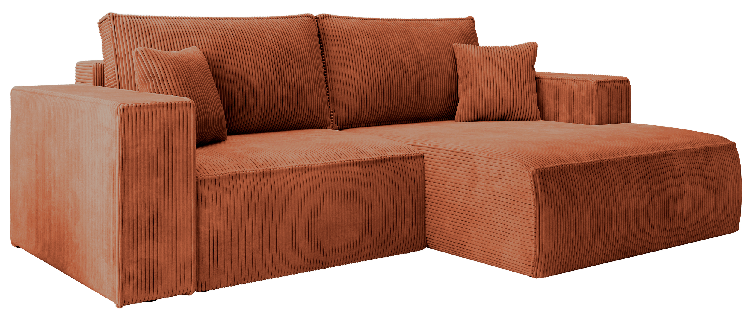 Ecksofa mit Schlaffunktion Farese Mini, L-förmig, rechtsseitig, mit Stauraum, kupferfarbener Cordstoff