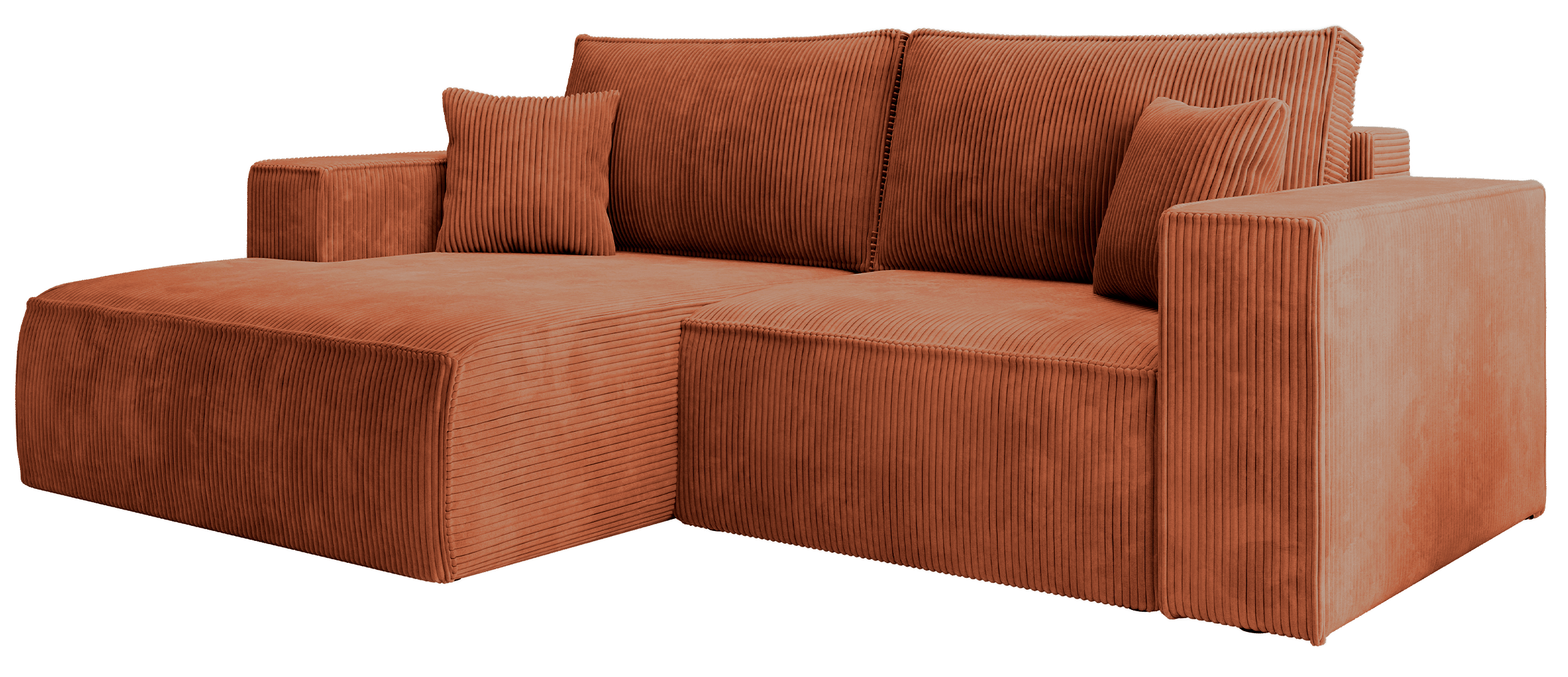 Ecksofa mit Schlafunktion Farese Mini, L-förmig, linksseitig, mit Stauraum, kupferfarbener Cordstoff