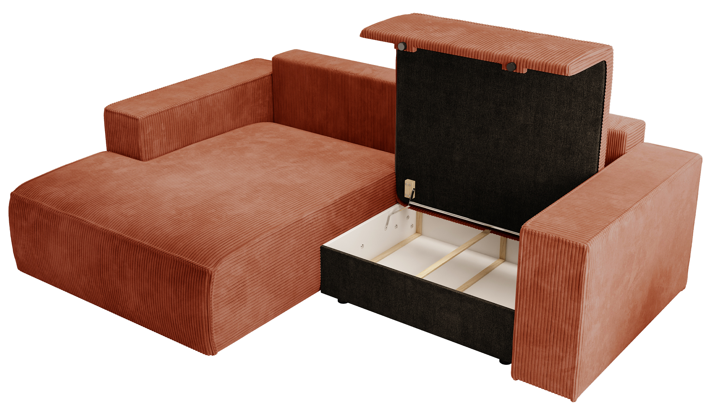 Ecksofa mit Schlafunktion Farese Mini, L-förmig, linksseitig, mit Stauraum, kupferfarbener Cordstoff