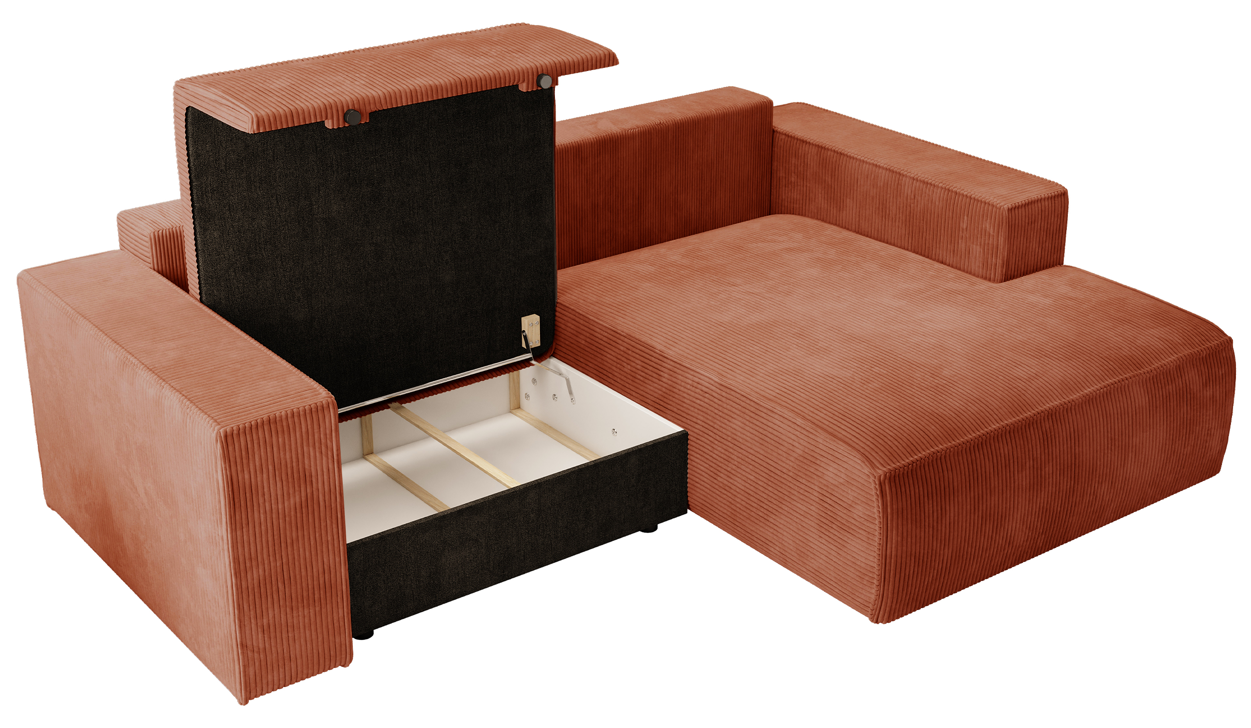 Ecksofa mit Schlaffunktion Farese Mini, L-förmig, rechtsseitig, mit Stauraum, kupferfarbener Cordstoff